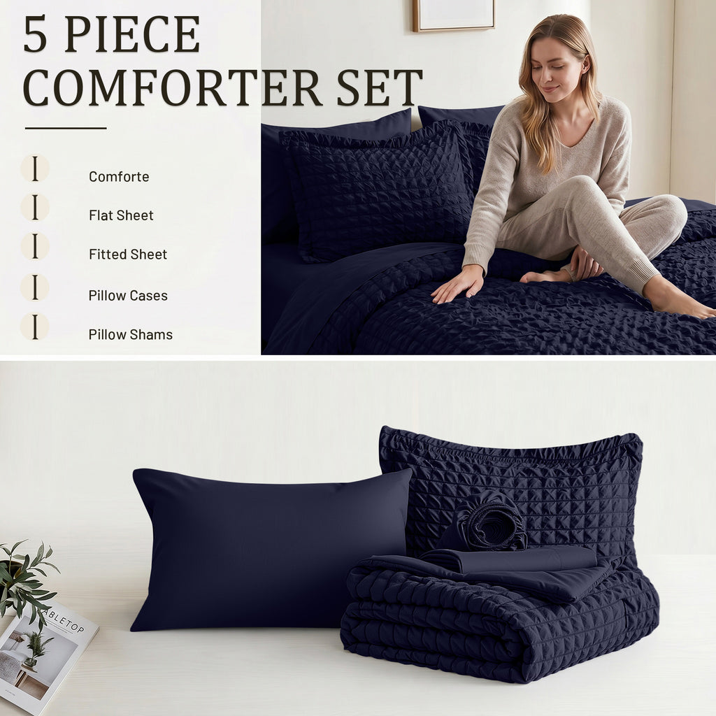 DHOLE Comforter Set 7 Pieces – Seersucker Textured Waffle Weave Bed in a Bag, All-Season Lightweight Microfiber Bedding Sets with Sheets & Pillow Shams