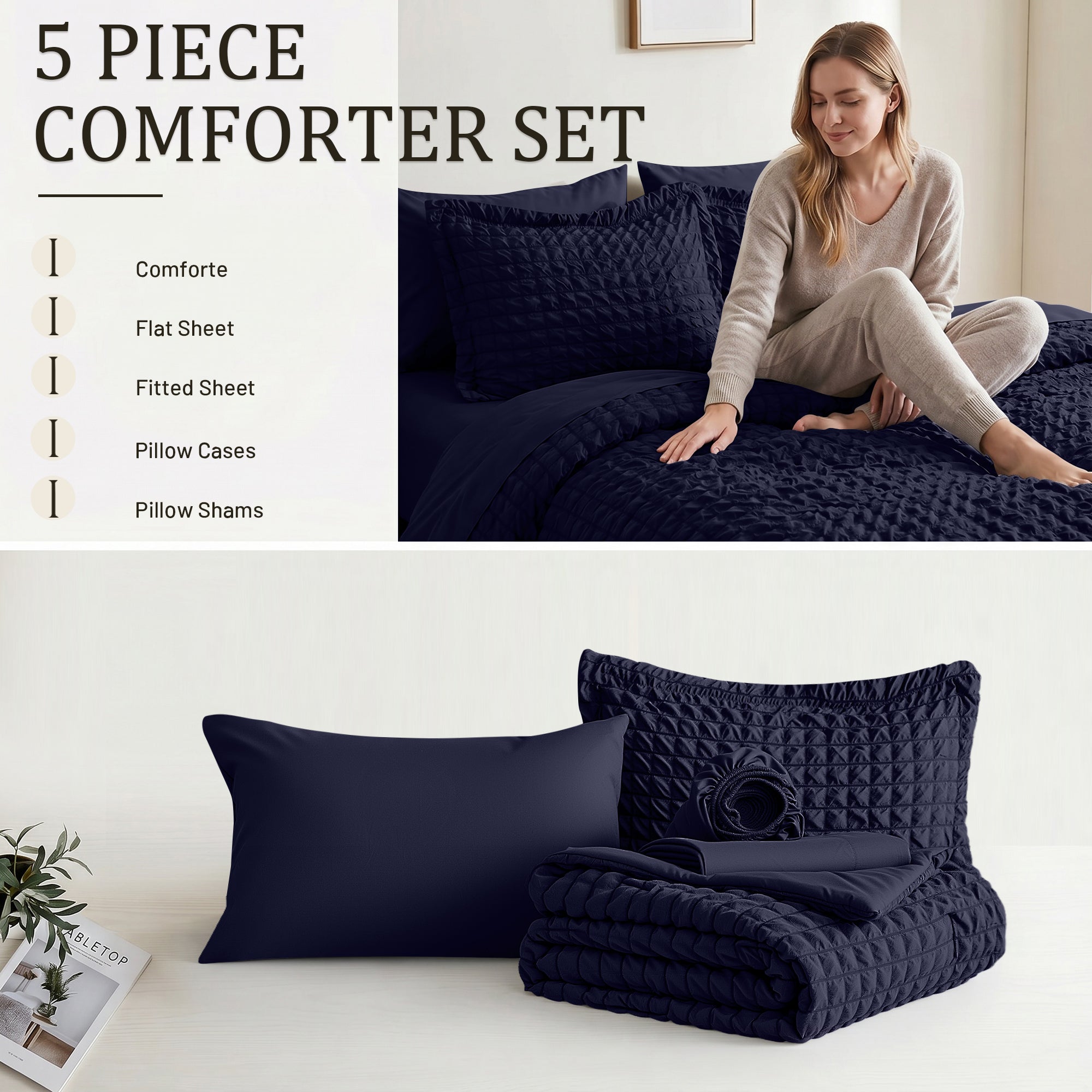 DHOLE Comforter Set 7 Pieces – Seersucker Textured Waffle Weave Bed in a Bag, All-Season Lightweight Microfiber Bedding Sets with Sheets & Pillow Shams
