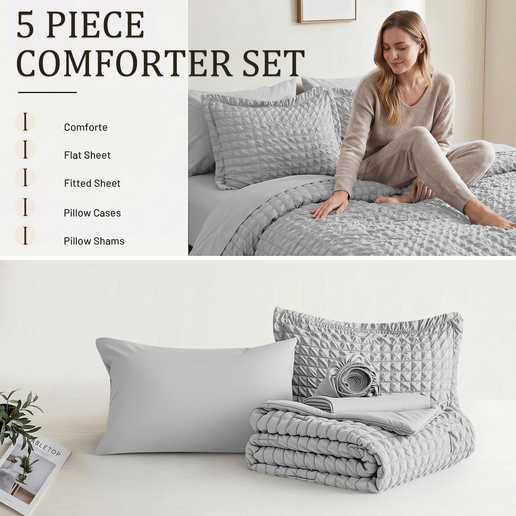 DHOLE Comforter Set 7 Pieces – Seersucker Textured Waffle Weave Bed in a Bag, All-Season Lightweight Microfiber Bedding Sets with Sheets & Pillow Shams