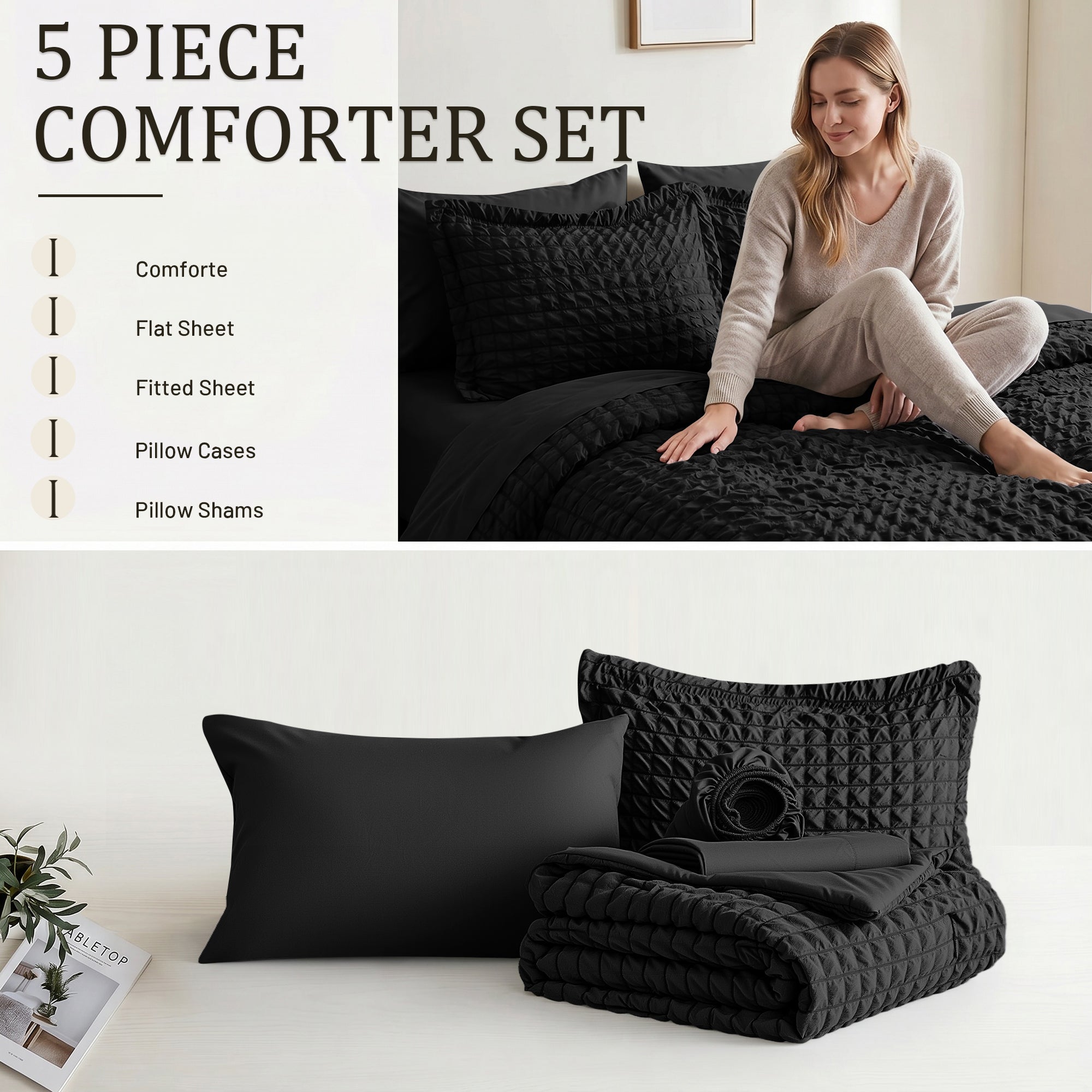 DHOLE Comforter Set 7 Pieces – Seersucker Textured Waffle Weave Bed in a Bag, All-Season Lightweight Microfiber Bedding Sets with Sheets & Pillow Shams