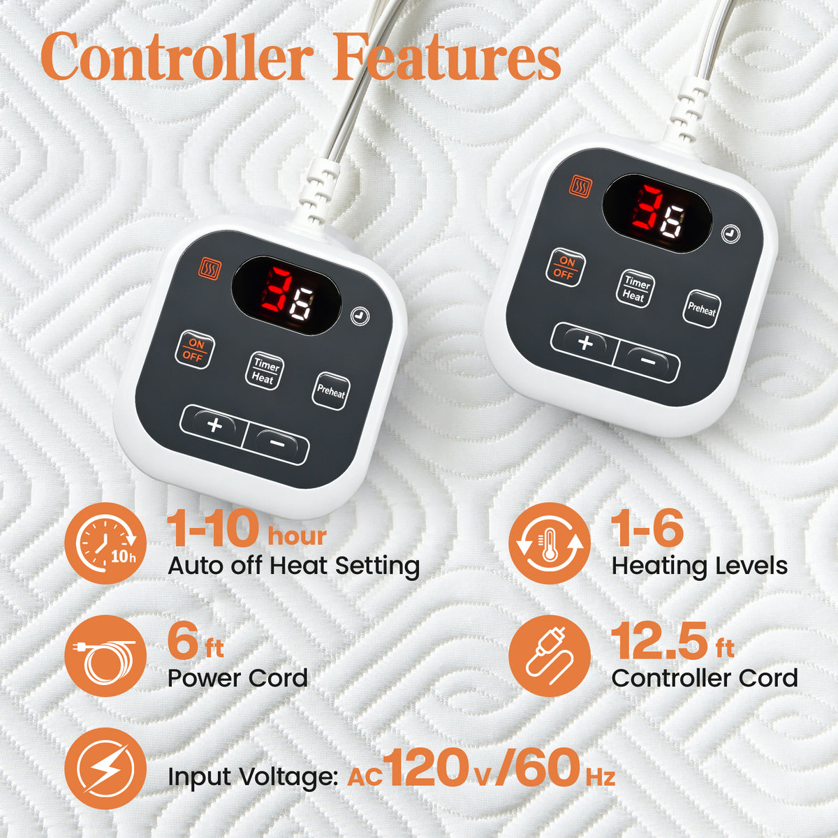 Dhole Heated Mattress Pad, Dual Control Electric Bed Warmer, 6 Heat Levels, 1-10H Auto Shut Off with Preheat & LED Controller