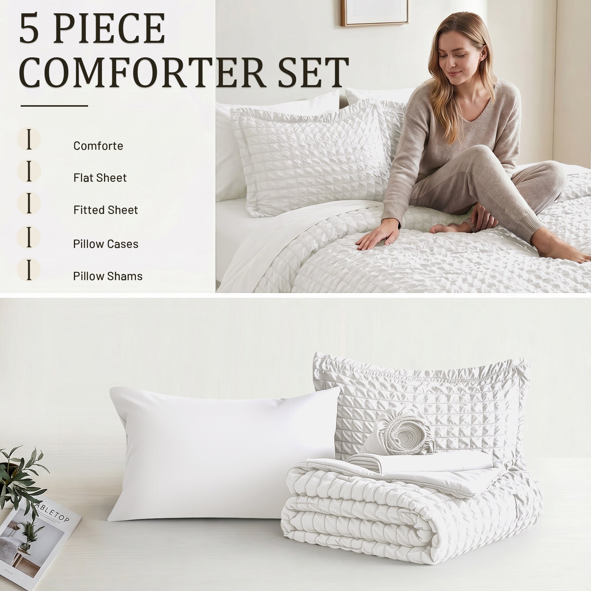DHOLE Comforter Set 7 Pieces – Seersucker Textured Waffle Weave Bed in a Bag, All-Season Lightweight Microfiber Bedding Sets with Sheets & Pillow Shams