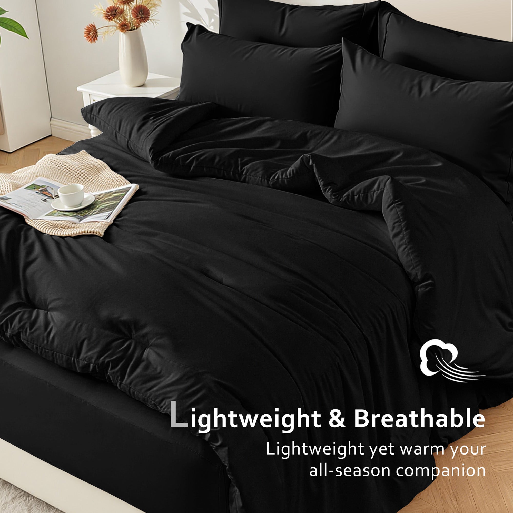 Dhole 7-Piece Bed Sheet Set - Queen Size Comforter, Pillowcases & Sheet Collection for Cozy Bedding Comfort Black