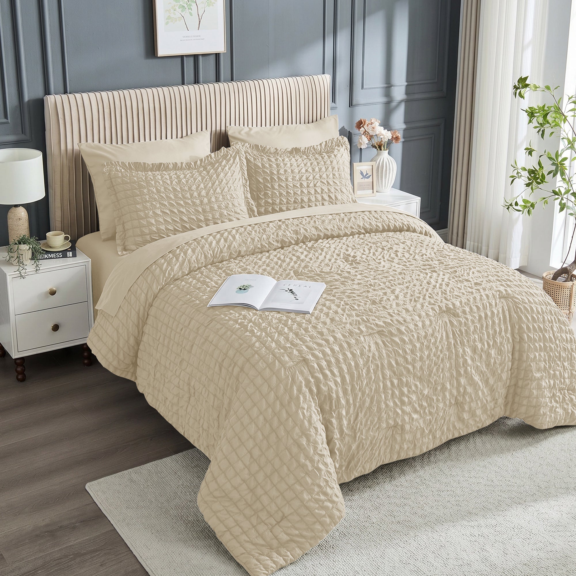 DHOLE Comforter Set 7 Pieces – Seersucker Textured Waffle Weave Bed in a Bag, All-Season Lightweight Microfiber Bedding Sets with Sheets & Pillow Shams