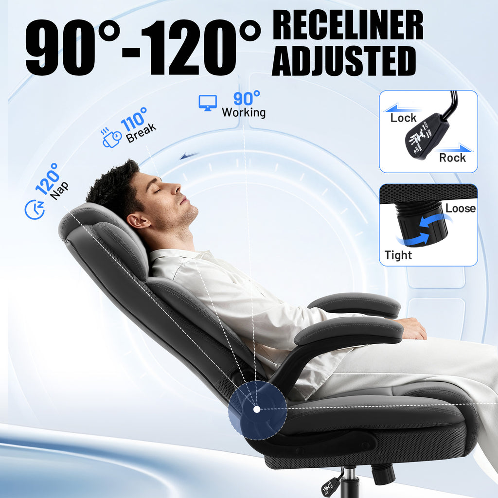 Dhole Ergonomic High-Back PU Leather Office Chair with 120° Recline & Flip-Up Arms - Home Office Desk Chair for Work, Study, Gaming, 300LBS Capacity (Black)