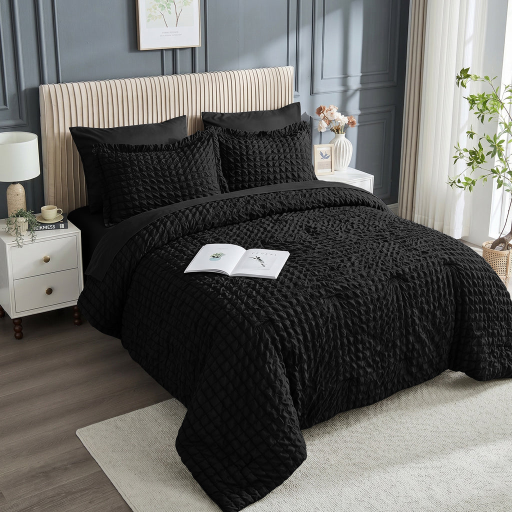 DHOLE Comforter Set 7 Pieces – Seersucker Textured Waffle Weave Bed in a Bag, All-Season Lightweight Microfiber Bedding Sets with Sheets & Pillow Shams