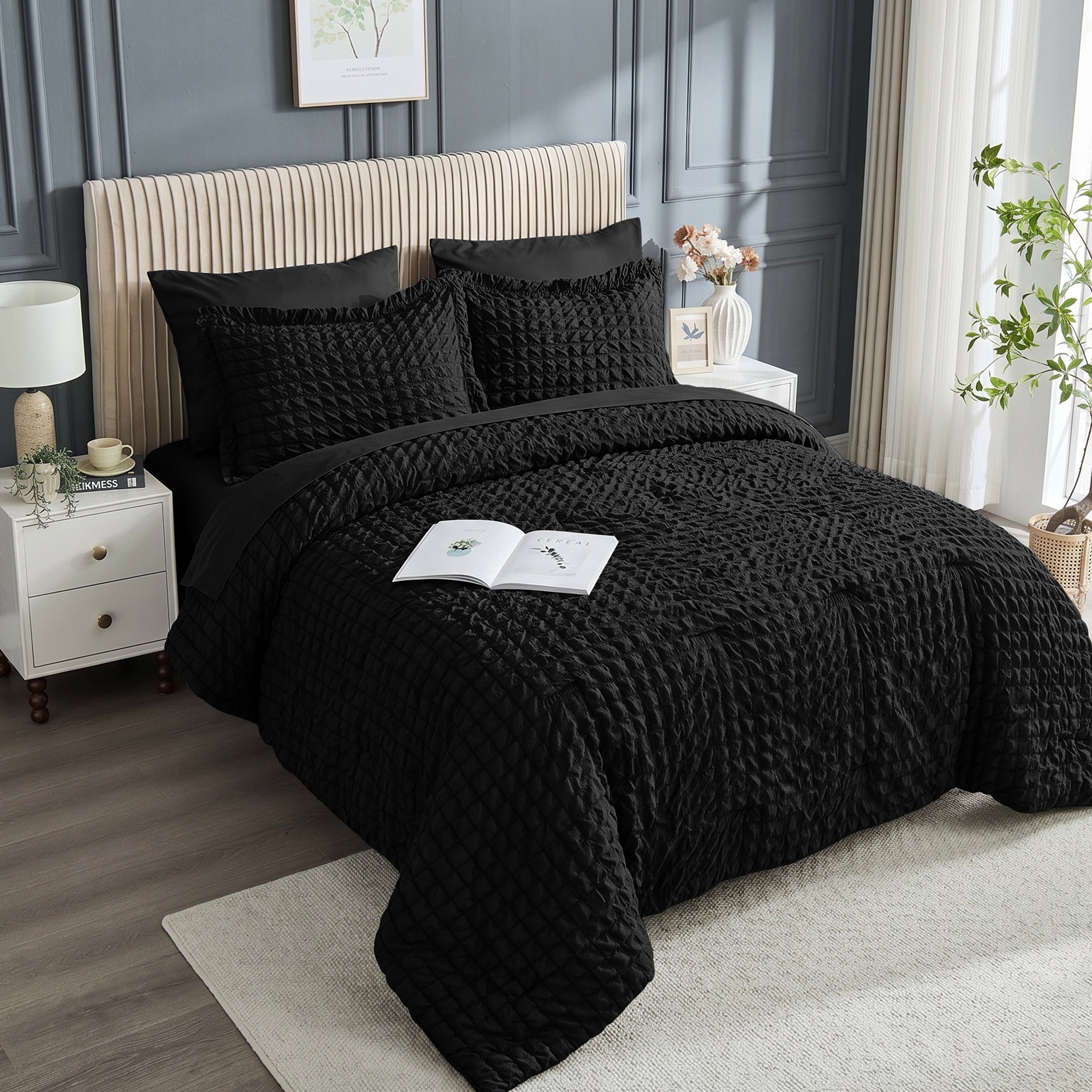 DHOLE Comforter Set 7 Pieces – Seersucker Textured Waffle Weave Bed in a Bag, All-Season Lightweight Microfiber Bedding Sets with Sheets & Pillow Shams