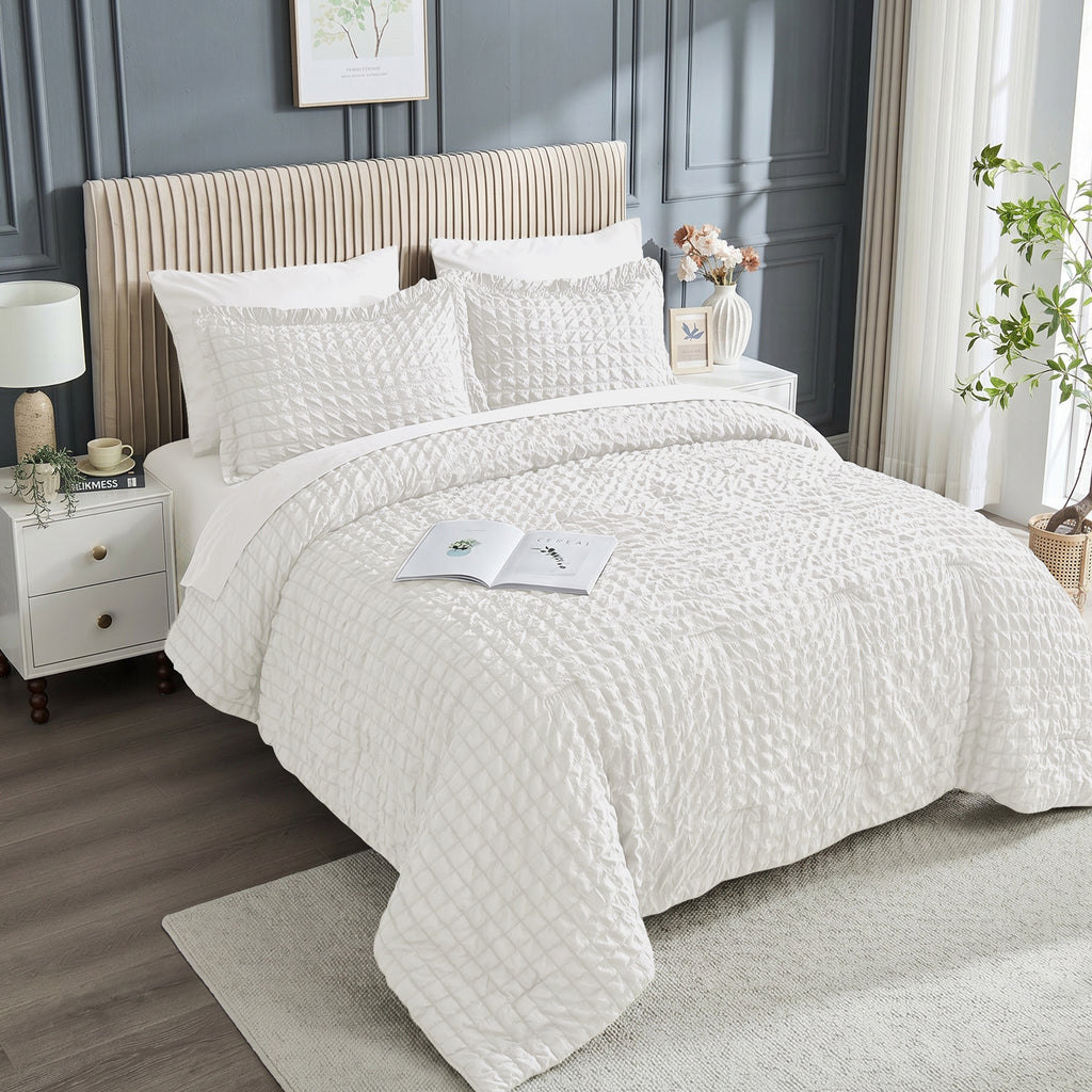 DHOLE Comforter Set 7 Pieces – Seersucker Textured Waffle Weave Bed in a Bag, All-Season Lightweight Microfiber Bedding Sets with Sheets & Pillow Shams