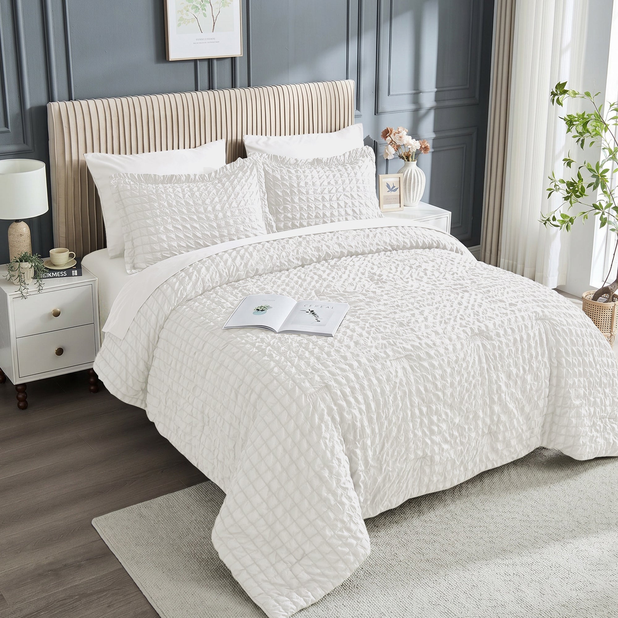 DHOLE Comforter Set 7 Pieces – Seersucker Textured Waffle Weave Bed in a Bag, All-Season Lightweight Microfiber Bedding Sets with Sheets & Pillow Shams