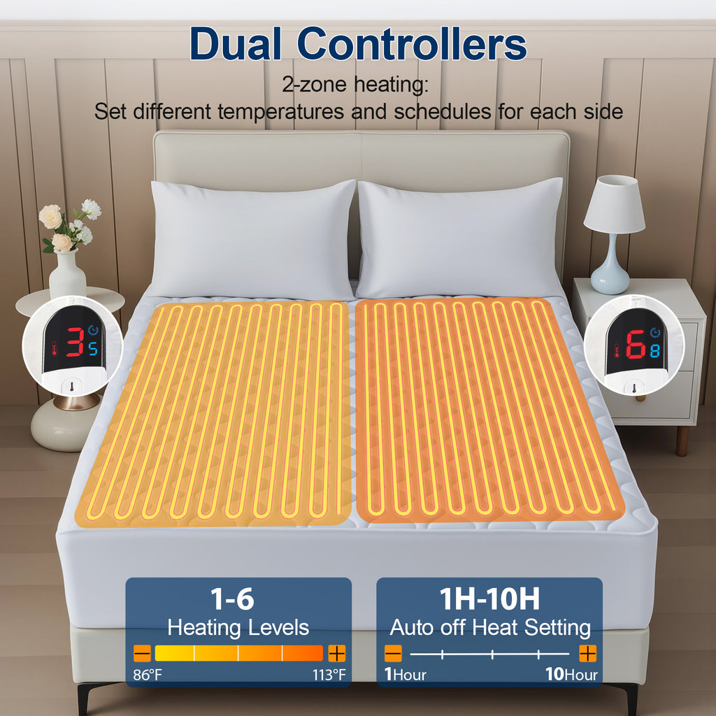 Dhole Electric Heated Mattress Pad Queen - 60"x80" ,Deep Pocket, 6 Heat Settings, Auto Shut Off 10 Hrs with Dual Controller, ETL Certified, Machine Washable, White