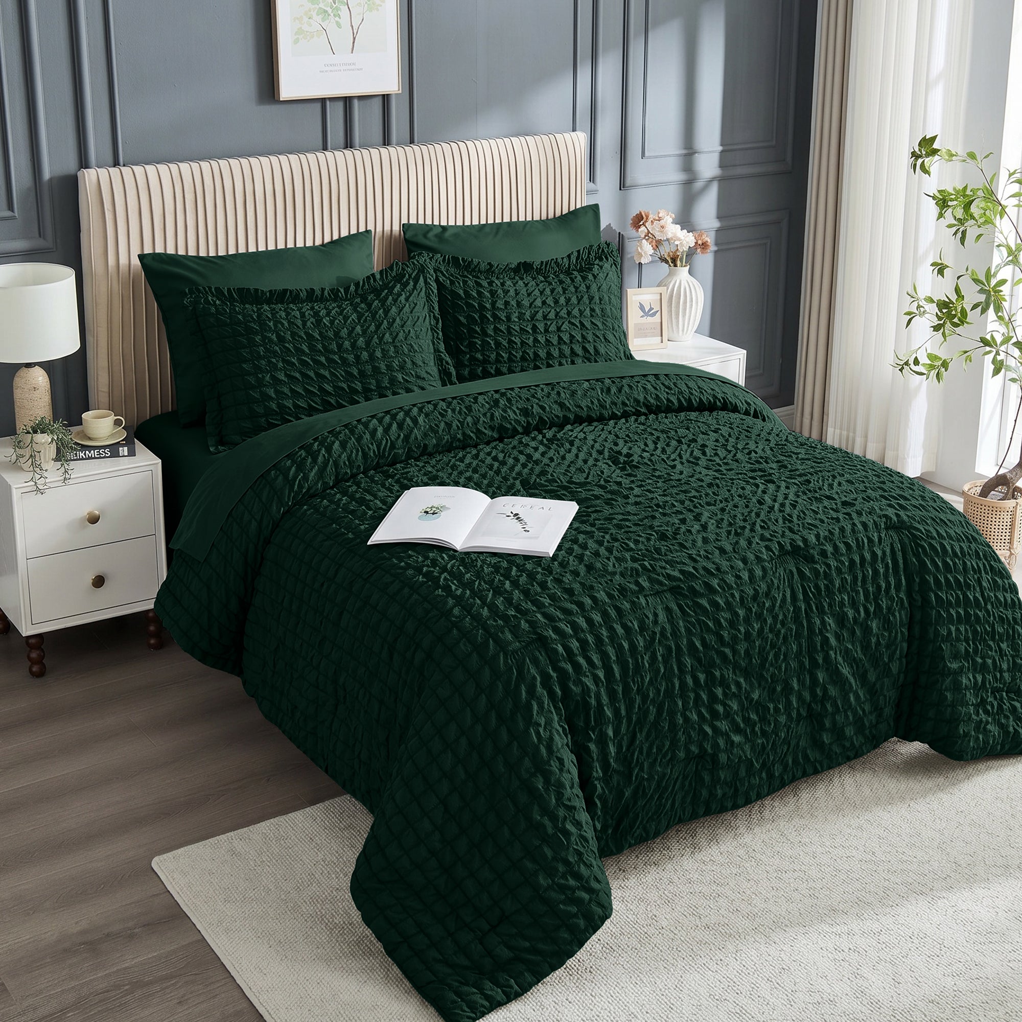 DHOLE Comforter Set 7 Pieces – Seersucker Textured Waffle Weave Bed in a Bag, All-Season Lightweight Microfiber Bedding Sets with Sheets & Pillow Shams