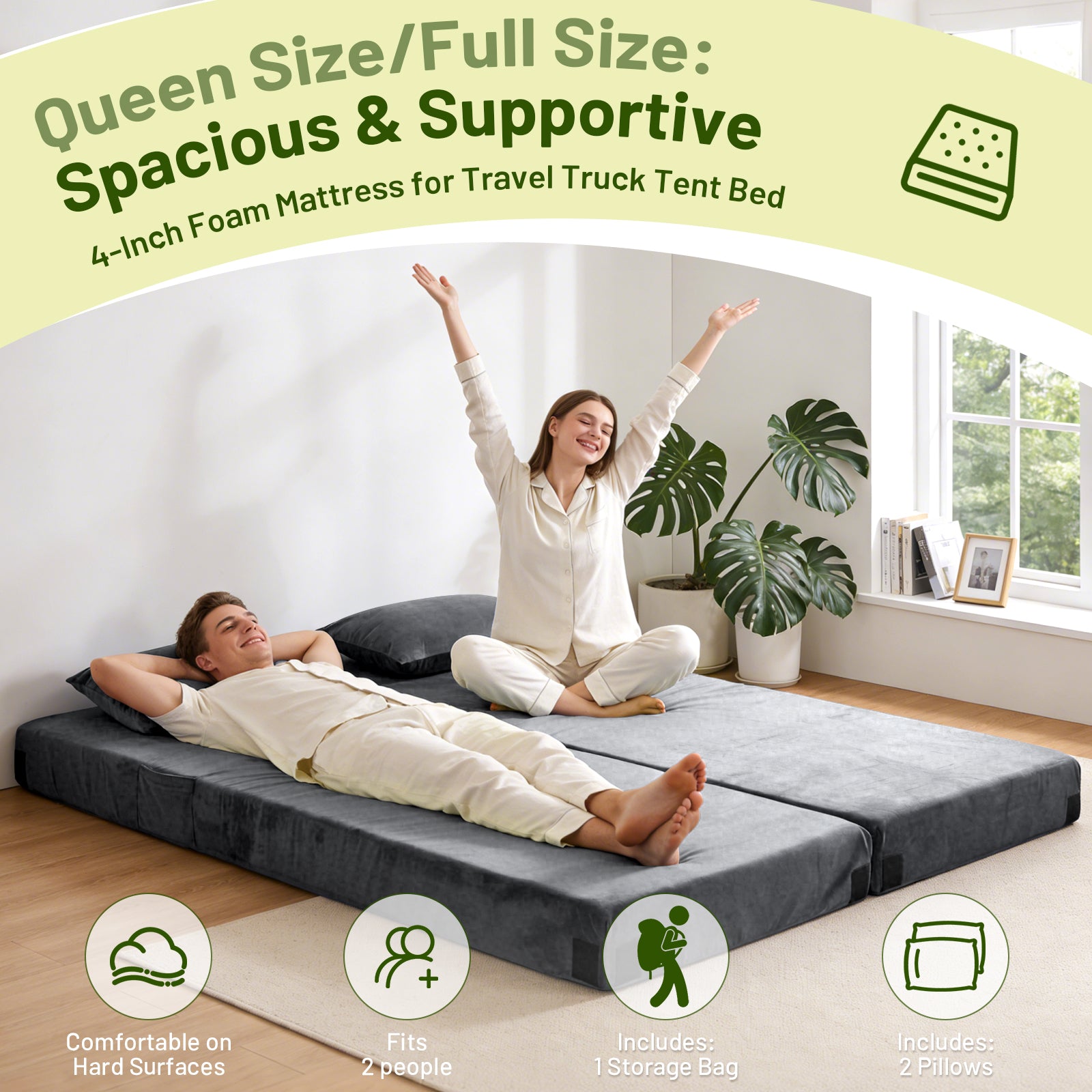 DHOLE 4 Inch Gel Memory Foam Camping Mattress, CertiPUR-US Certified Thick Sleeping Pad, Waterproof & Soft Fleece Top, Portable Roll-Up Mat with Multi-Function Storage Bag & Pillow for Tent Camping