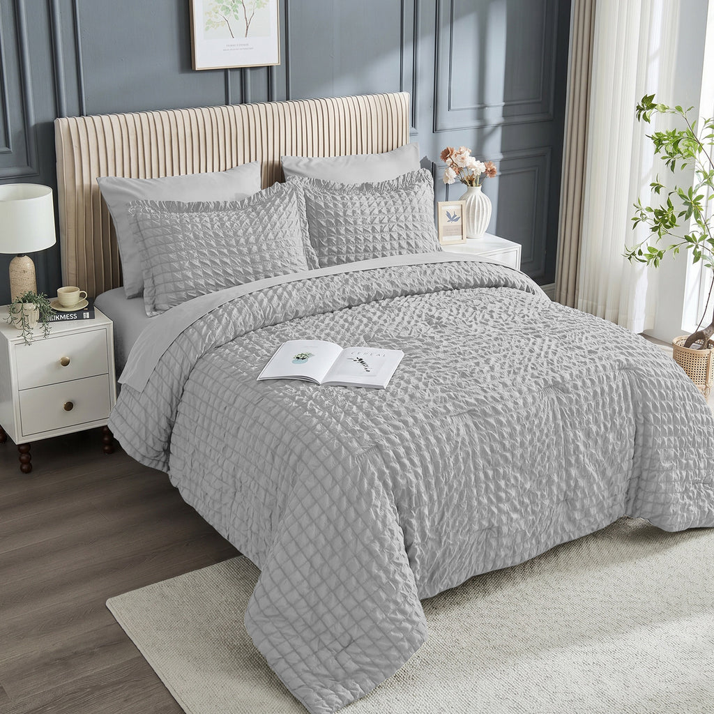 DHOLE Comforter Set 7 Pieces – Seersucker Textured Waffle Weave Bed in a Bag, All-Season Lightweight Microfiber Bedding Sets with Sheets & Pillow Shams