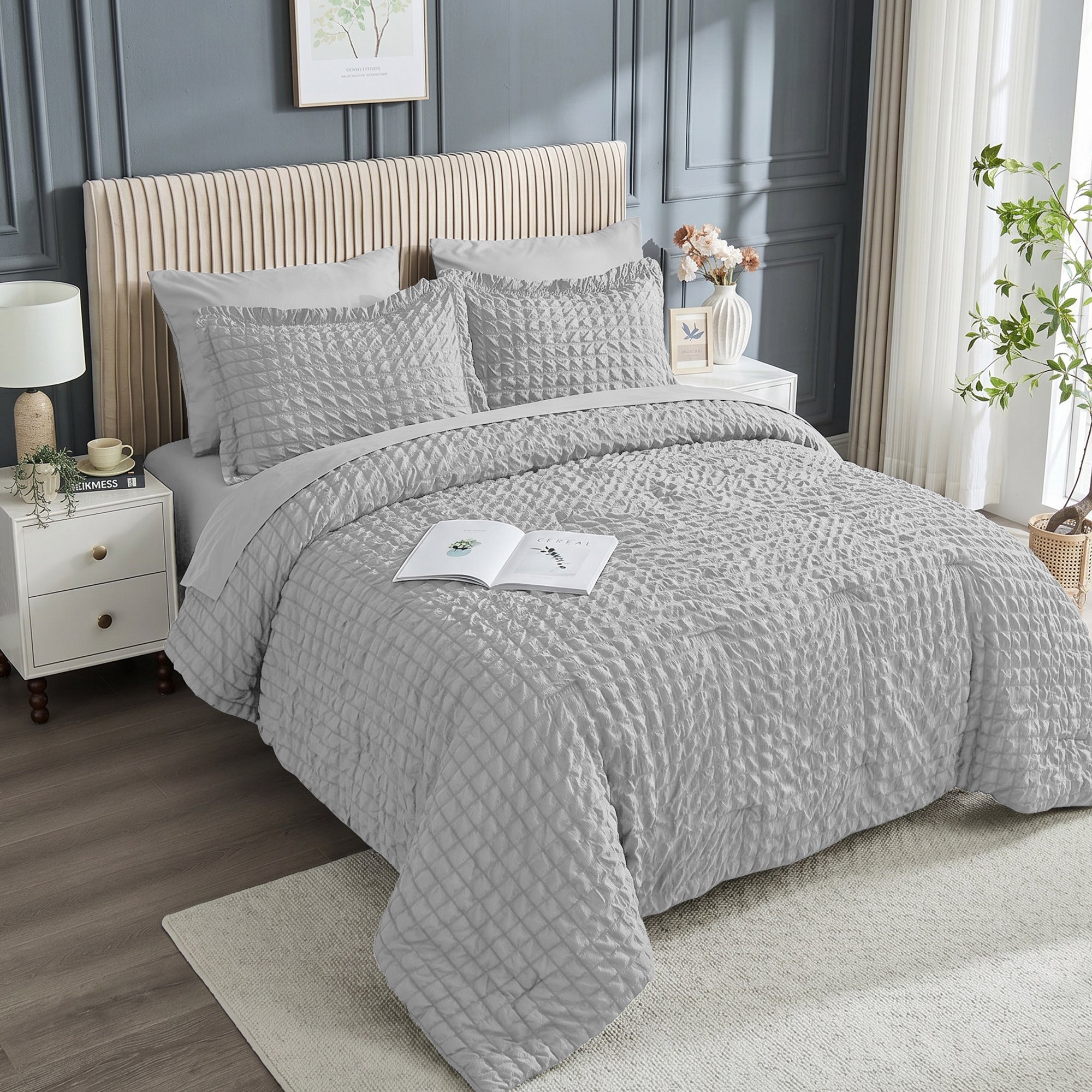 DHOLE Comforter Set 7 Pieces – Seersucker Textured Waffle Weave Bed in a Bag, All-Season Lightweight Microfiber Bedding Sets with Sheets & Pillow Shams