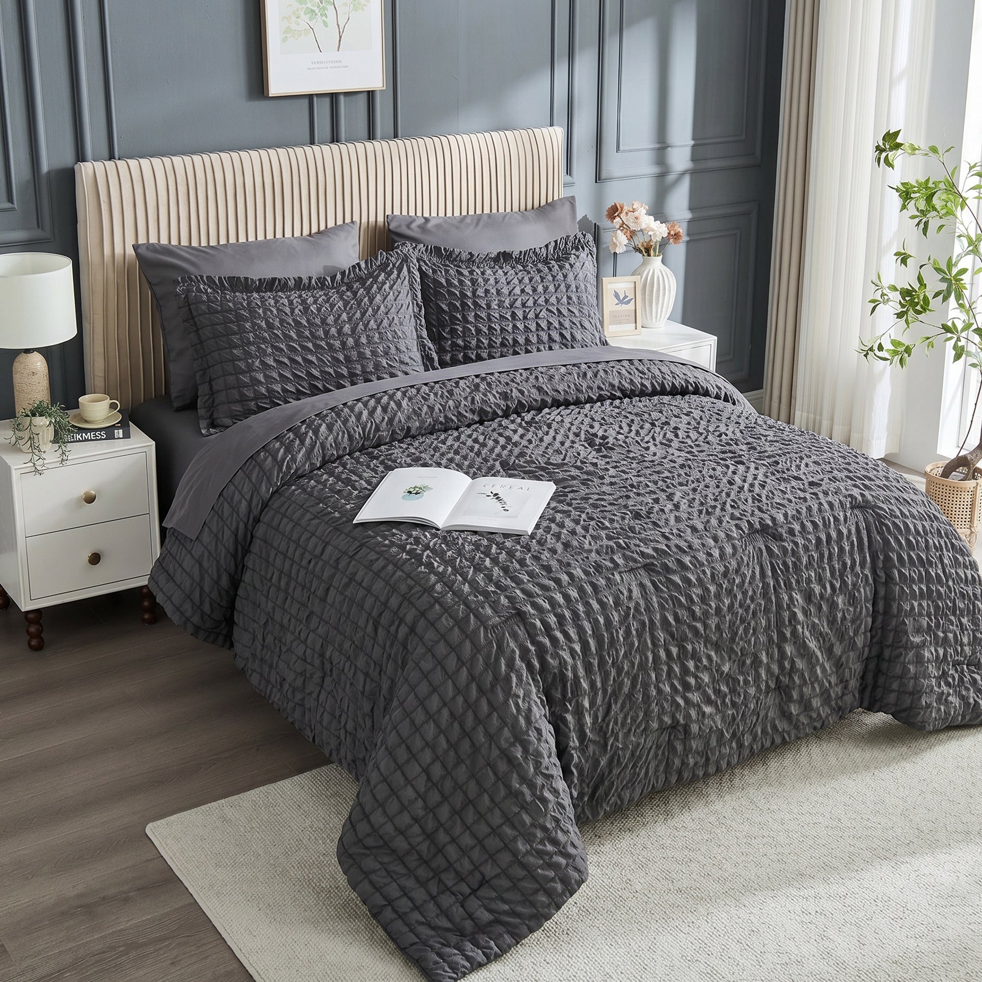 DHOLE Comforter Set 7 Pieces – Seersucker Textured Waffle Weave Bed in a Bag, All-Season Lightweight Microfiber Bedding Sets with Sheets & Pillow Shams