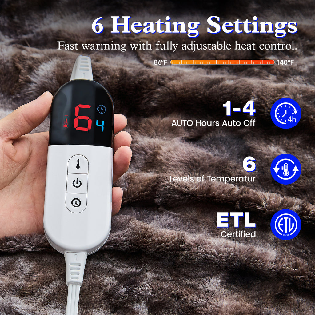 Dhole Heated Blanket Electric Throw - 50"x60" Heating Blanket Throw 4 Hours Auto-Off 6 Heat Level Over-Heat Protection Luxury Faux Fur Sherpa ETL Certification