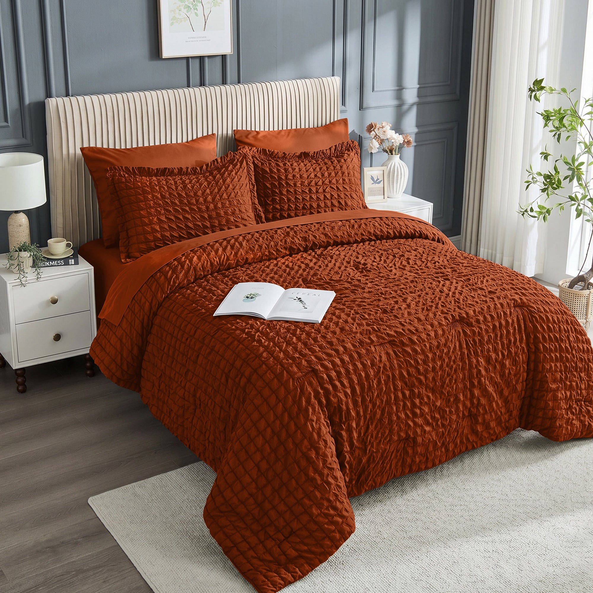 DHOLE Comforter Set 7 Pieces – Seersucker Textured Waffle Weave Bed in a Bag, All-Season Lightweight Microfiber Bedding Sets with Sheets & Pillow Shams