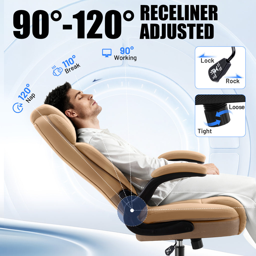 Dhole Ergonomic High-Back PU Leather Office Chair with 120° Recline & Flip-Up Arms - Home Office Desk Chair for Work, Study, Gaming, 300LBS Capacity (Black)