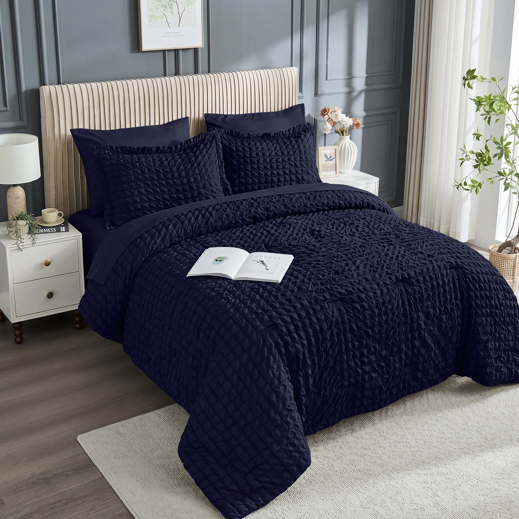 DHOLE Comforter Set 7 Pieces – Seersucker Textured Waffle Weave Bed in a Bag, All-Season Lightweight Microfiber Bedding Sets with Sheets & Pillow Shams