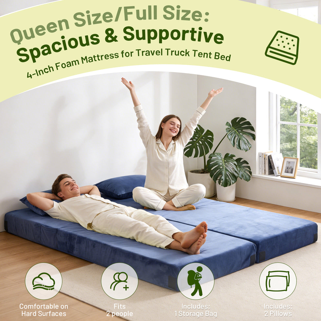DHOLE 4 Inch Gel Memory Foam Camping Mattress, CertiPUR-US Certified Thick Sleeping Pad, Waterproof & Soft Fleece Top, Portable Roll-Up Mat with Multi-Function Storage Bag & Pillow for Tent Camping