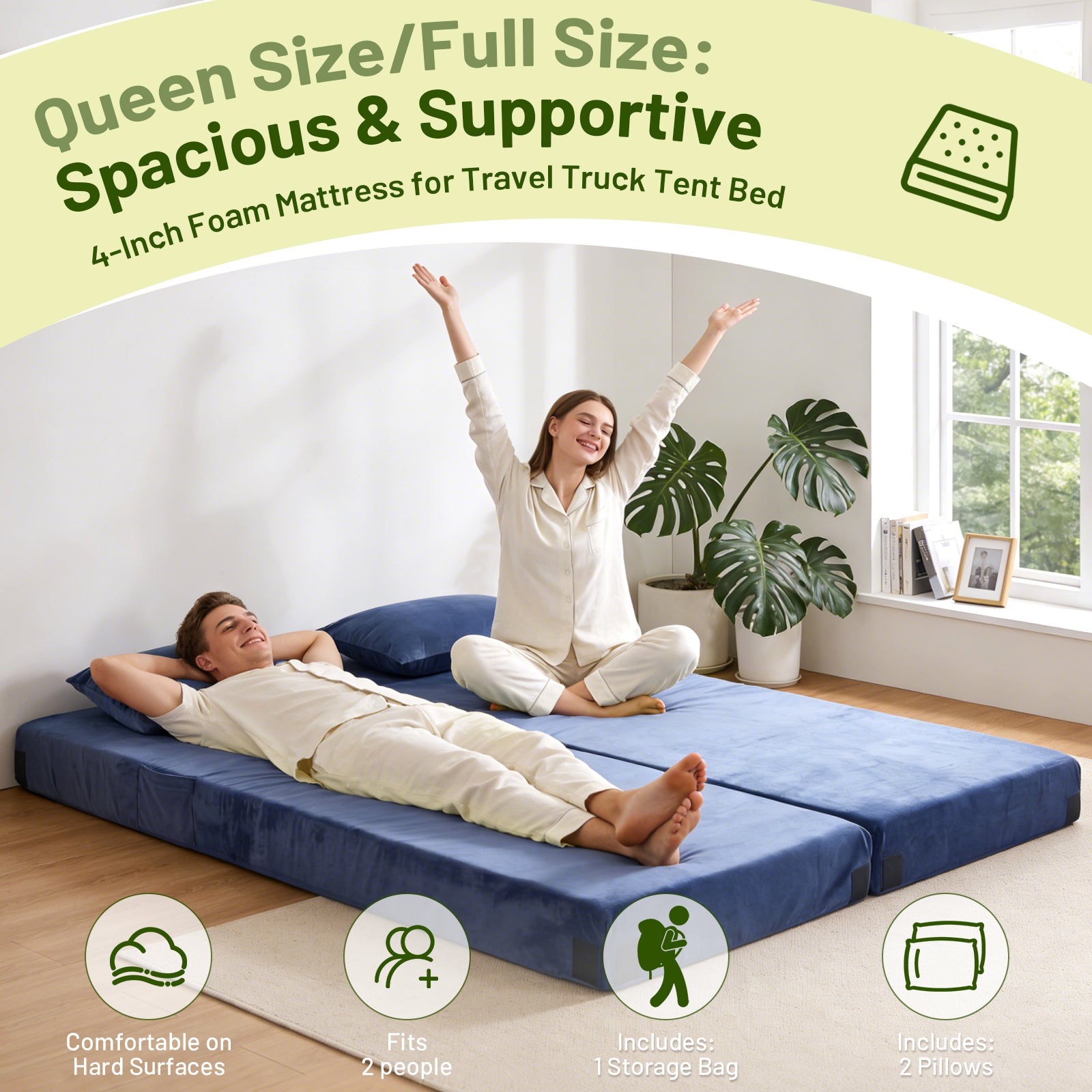 DHOLE 4 Inch Gel Memory Foam Camping Mattress, CertiPUR-US Certified Thick Sleeping Pad, Waterproof & Soft Fleece Top, Portable Roll-Up Mat with Multi-Function Storage Bag & Pillow for Tent Camping