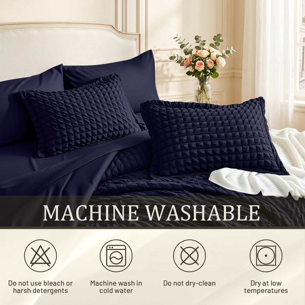 DHOLE Comforter Set 7 Pieces – Seersucker Textured Waffle Weave Bed in a Bag, All-Season Lightweight Microfiber Bedding Sets with Sheets & Pillow Shams