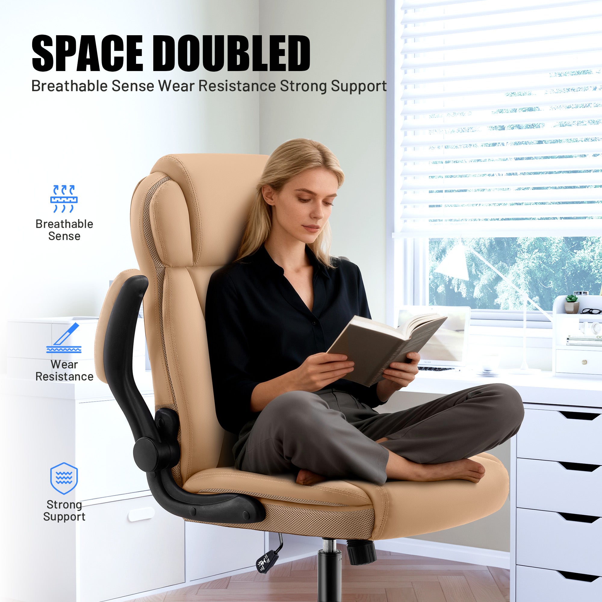 Dhole Ergonomic High-Back PU Leather Office Chair with 120° Recline & Flip-Up Arms - Home Office Desk Chair for Work, Study, Gaming, 300LBS Capacity (Black)