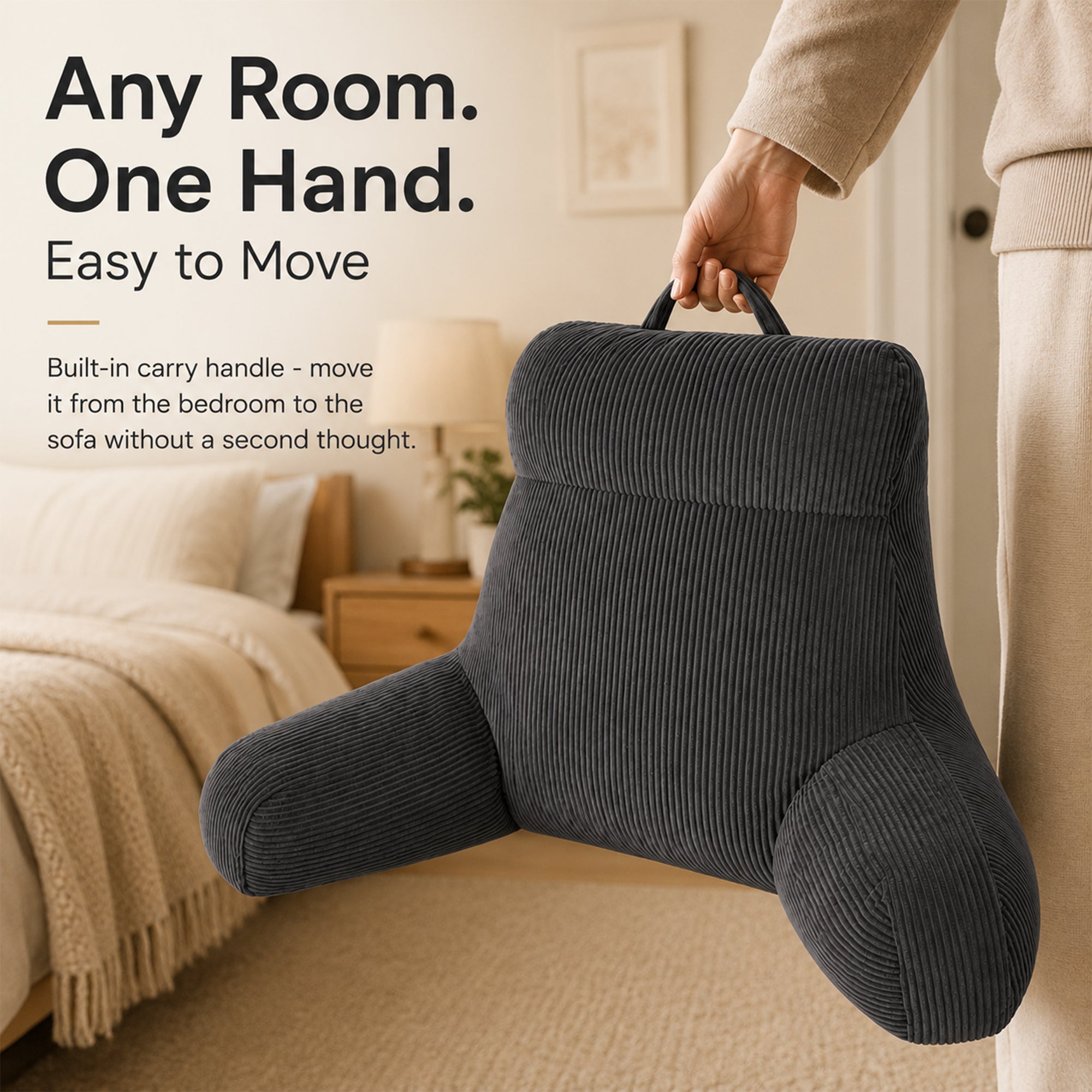 Royalbear 24 Inch Large Shredded Memory Foam Reading Pillow, Anti-Pilling Corduroy Bed Rest Pillow with Adjustable Back & Arm Support for Adults, Gray