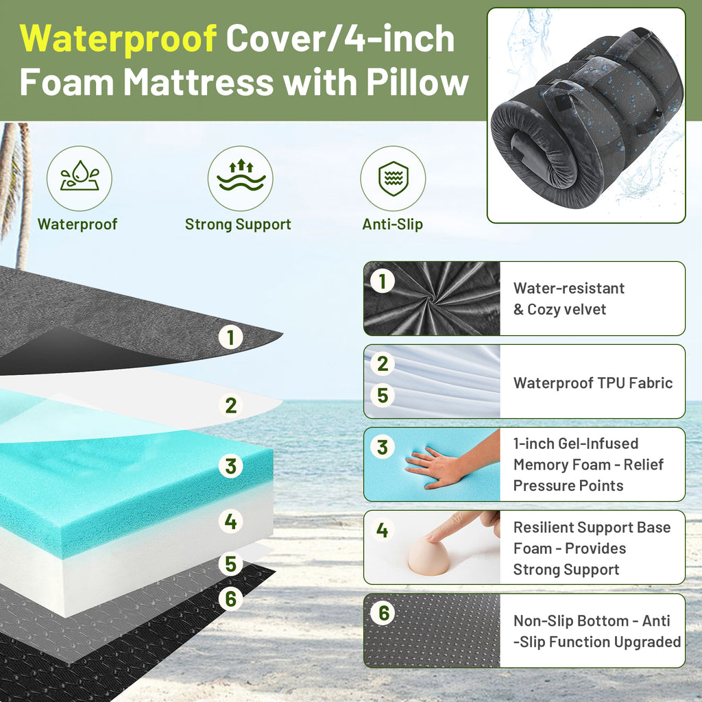 DHOLE 4 Inch Gel Memory Foam Camping Mattress, CertiPUR-US Certified Thick Sleeping Pad, Waterproof & Soft Fleece Top, Portable Roll-Up Mat with Multi-Function Storage Bag & Pillow for Tent Camping