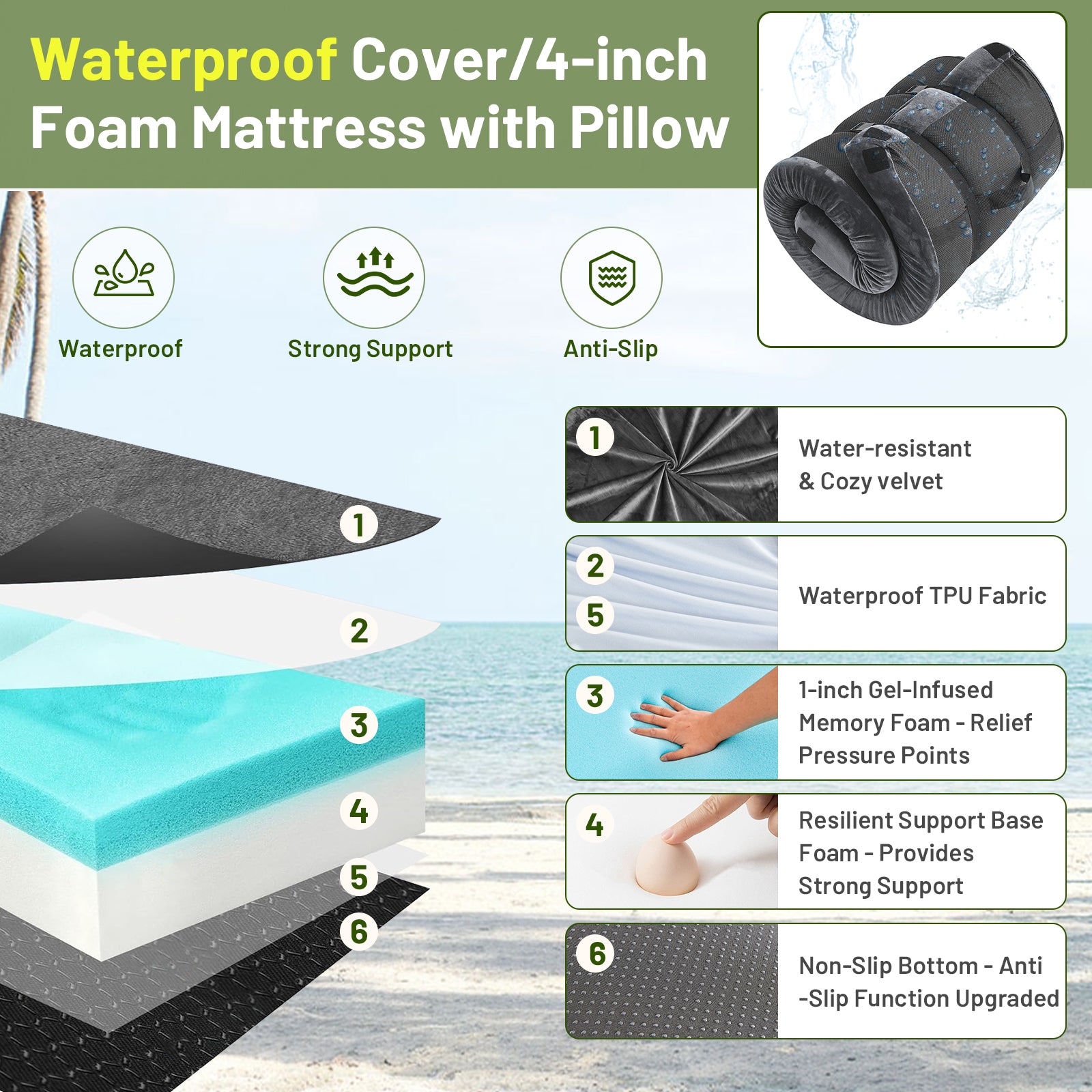 DHOLE 4 Inch Gel Memory Foam Camping Mattress, CertiPUR-US Certified Thick Sleeping Pad, Waterproof & Soft Fleece Top, Portable Roll-Up Mat with Multi-Function Storage Bag & Pillow for Tent Camping
