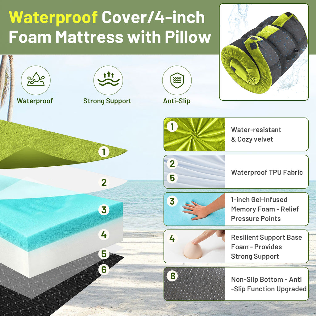 DHOLE 4 Inch Gel Memory Foam Camping Mattress, CertiPUR-US Certified Thick Sleeping Pad, Waterproof & Soft Fleece Top, Portable Roll-Up Mat with Multi-Function Storage Bag & Pillow for Tent Camping