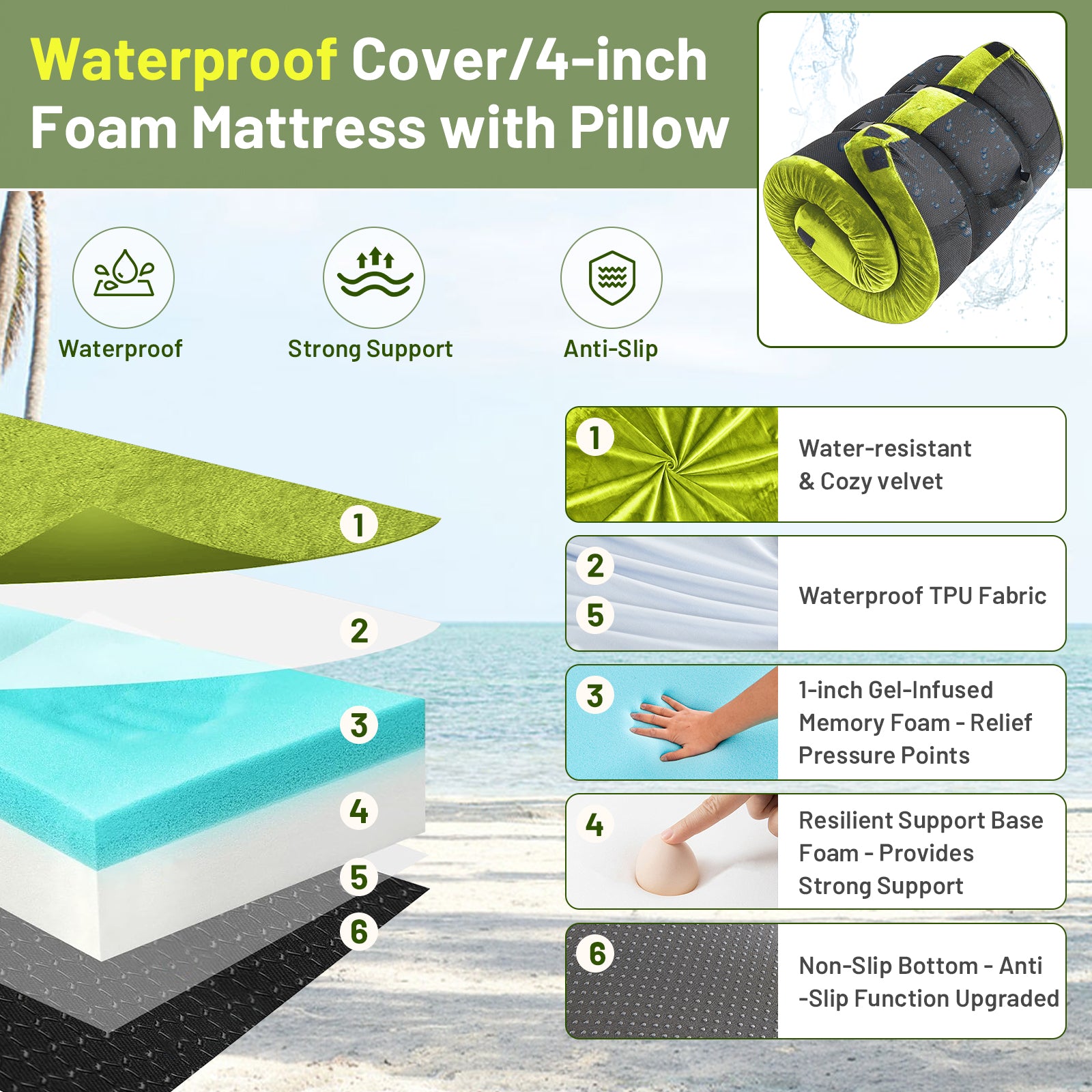 DHOLE 4 Inch Gel Memory Foam Camping Mattress, CertiPUR-US Certified Thick Sleeping Pad, Waterproof & Soft Fleece Top, Portable Roll-Up Mat with Multi-Function Storage Bag & Pillow for Tent Camping