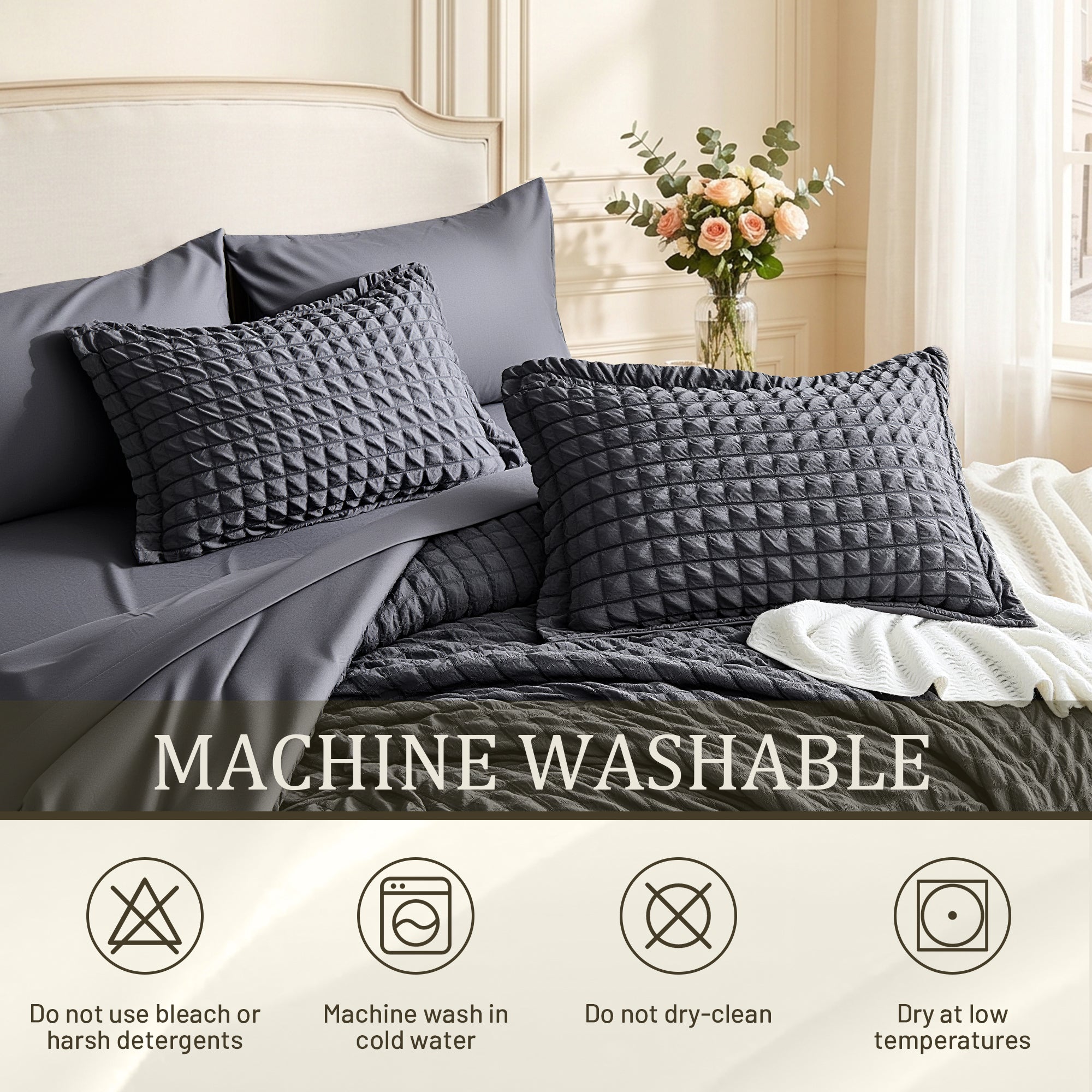 DHOLE Comforter Set 7 Pieces – Seersucker Textured Waffle Weave Bed in a Bag, All-Season Lightweight Microfiber Bedding Sets with Sheets & Pillow Shams