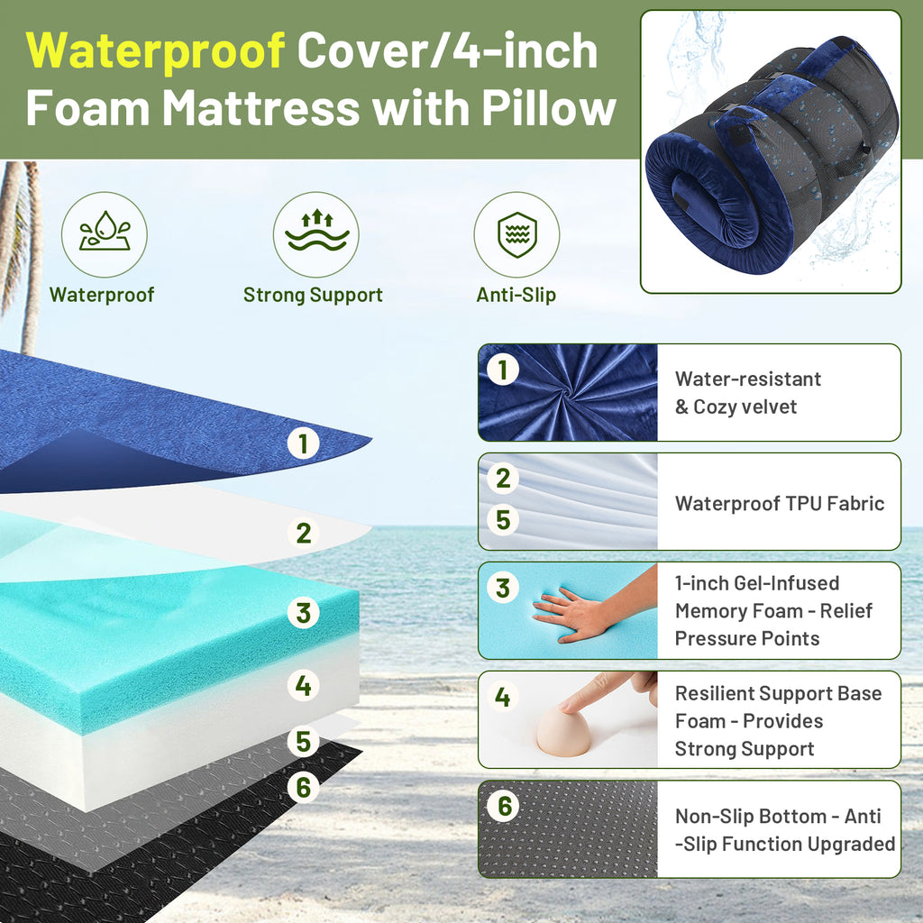 DHOLE 4 Inch Gel Memory Foam Camping Mattress, CertiPUR-US Certified Thick Sleeping Pad, Waterproof & Soft Fleece Top, Portable Roll-Up Mat with Multi-Function Storage Bag & Pillow for Tent Camping