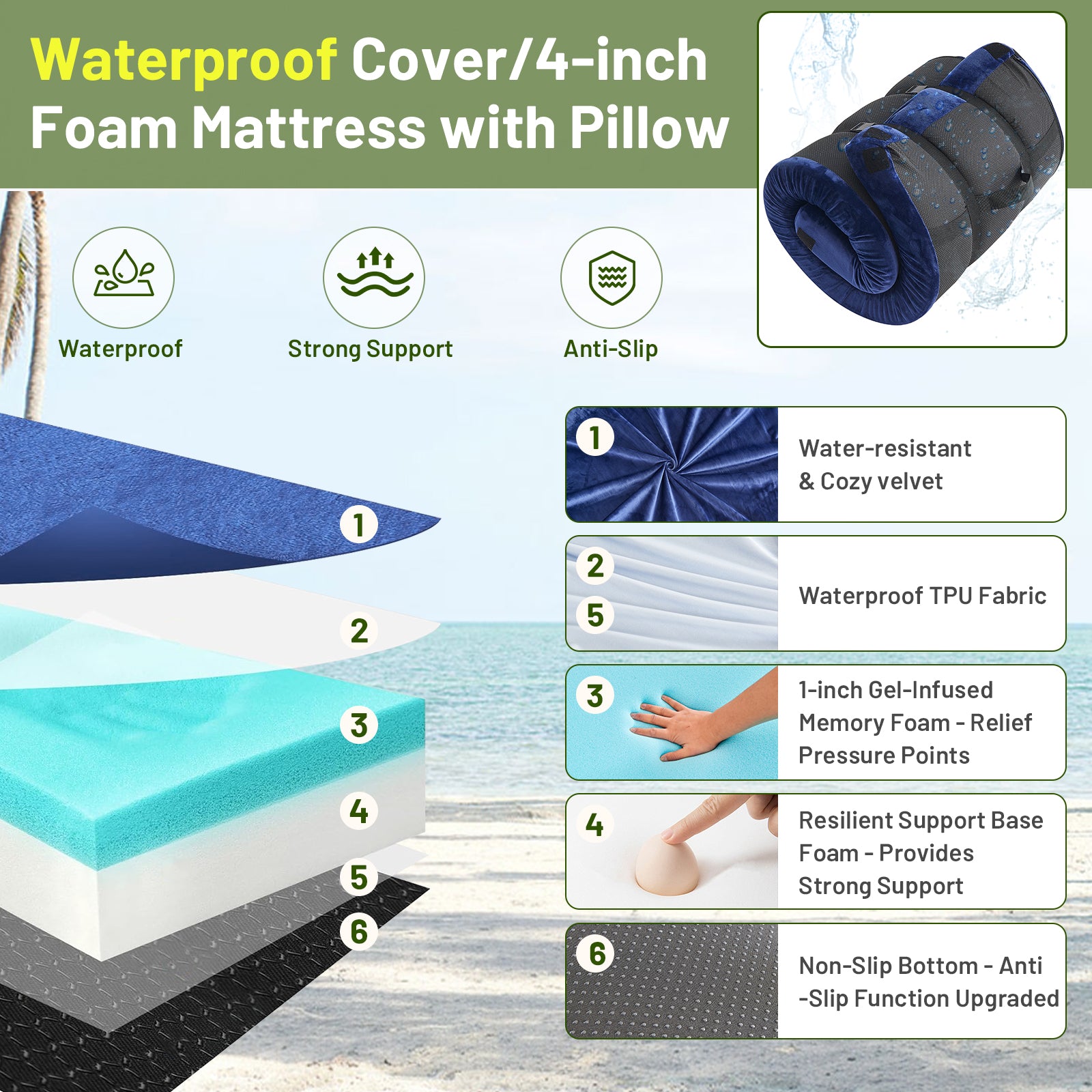 DHOLE 4 Inch Gel Memory Foam Camping Mattress, CertiPUR-US Certified Thick Sleeping Pad, Waterproof & Soft Fleece Top, Portable Roll-Up Mat with Multi-Function Storage Bag & Pillow for Tent Camping