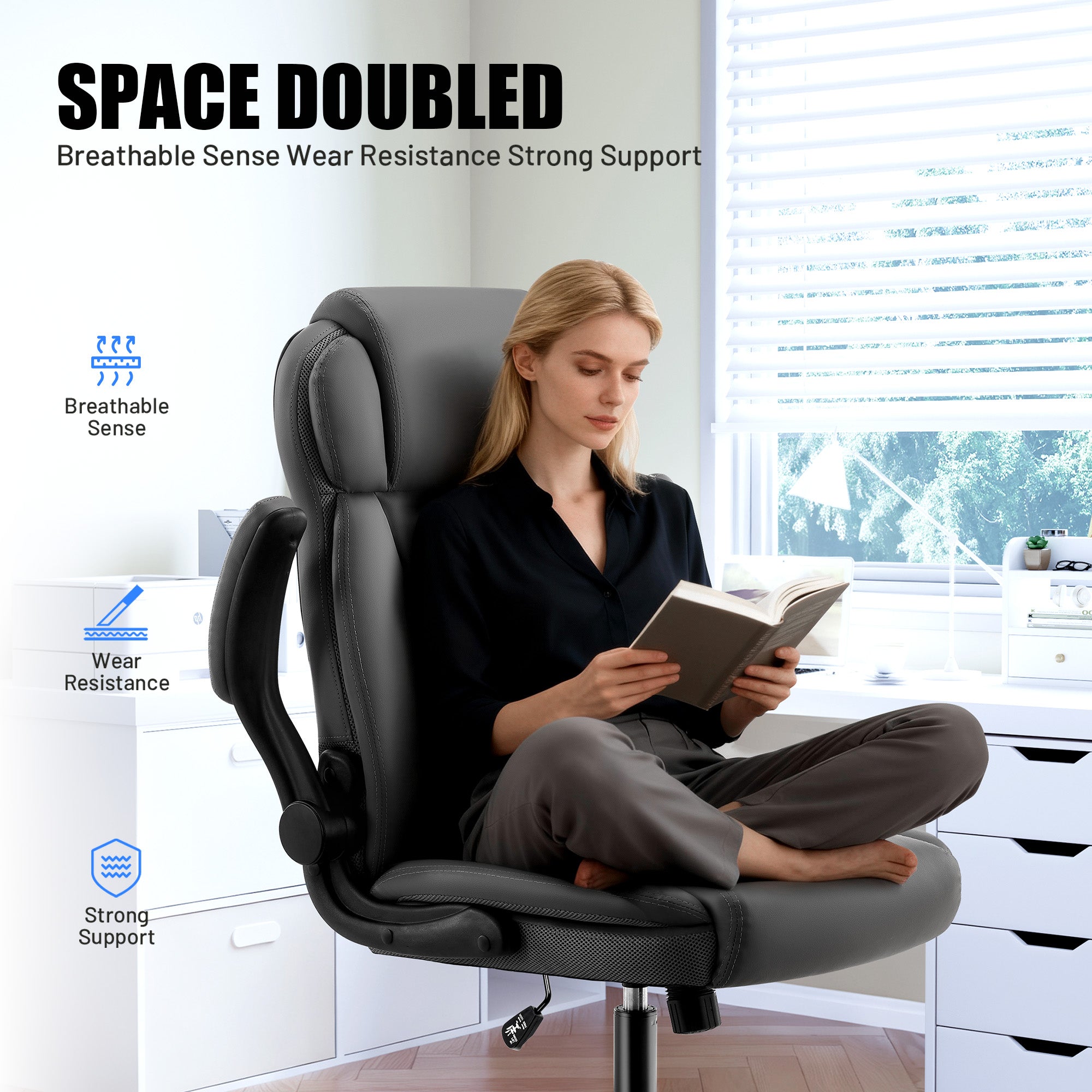Dhole Ergonomic High-Back PU Leather Office Chair with 120° Recline & Flip-Up Arms - Home Office Desk Chair for Work, Study, Gaming, 300LBS Capacity (Black)