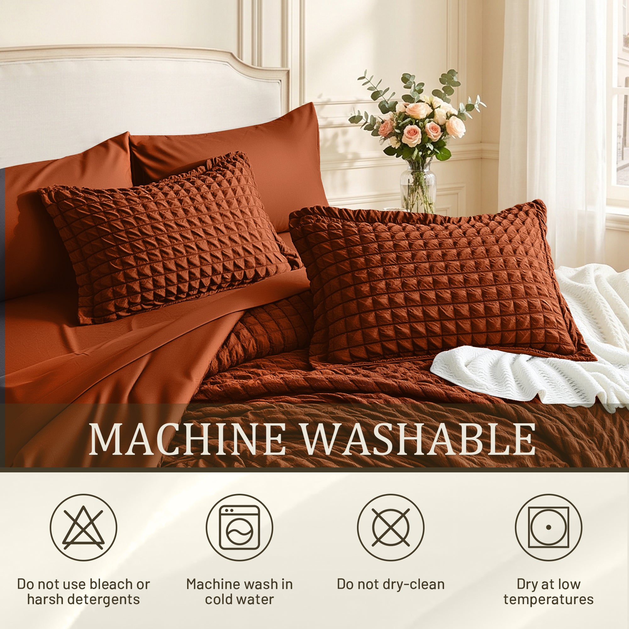 DHOLE Comforter Set 7 Pieces – Seersucker Textured Waffle Weave Bed in a Bag, All-Season Lightweight Microfiber Bedding Sets with Sheets & Pillow Shams