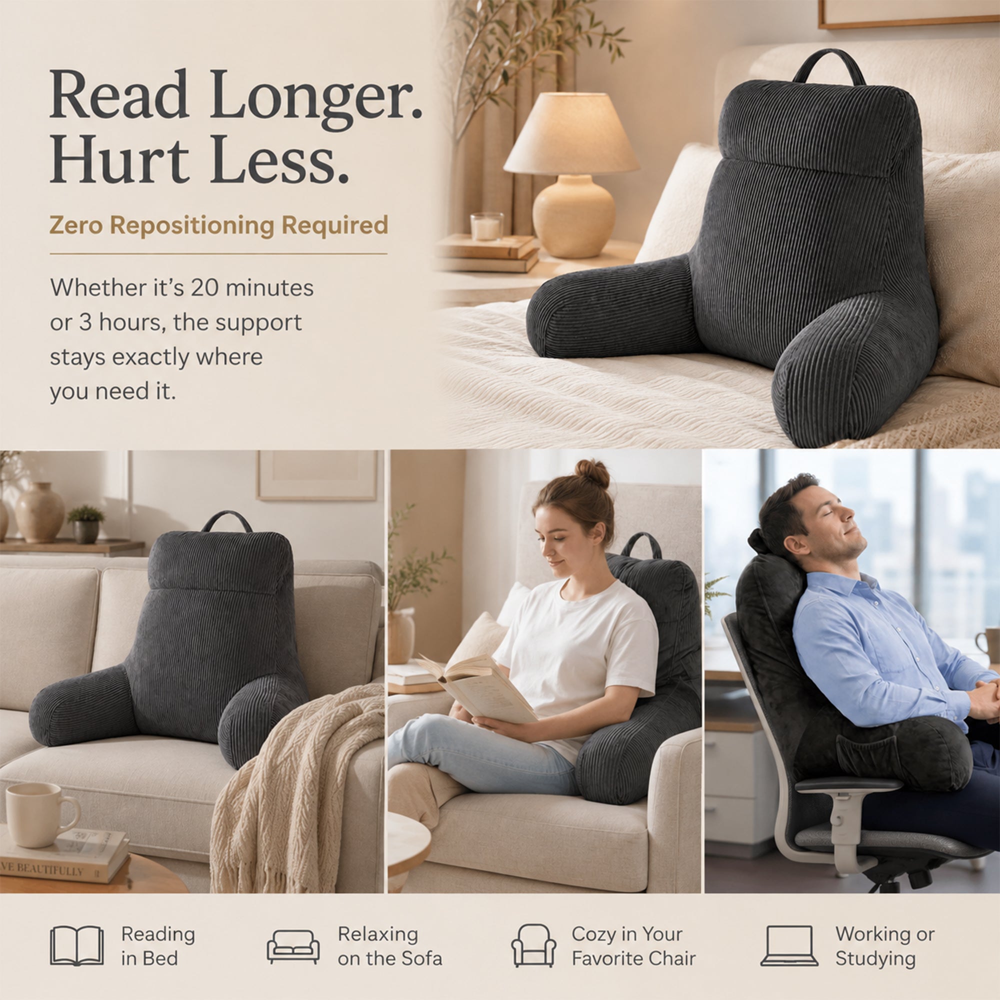 Royalbear 24 Inch Large Shredded Memory Foam Reading Pillow, Anti-Pilling Corduroy Bed Rest Pillow with Adjustable Back & Arm Support for Adults, Gray