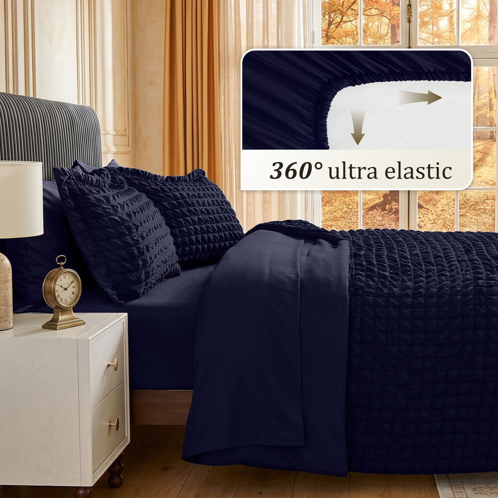 DHOLE Comforter Set 7 Pieces – Seersucker Textured Waffle Weave Bed in a Bag, All-Season Lightweight Microfiber Bedding Sets with Sheets & Pillow Shams