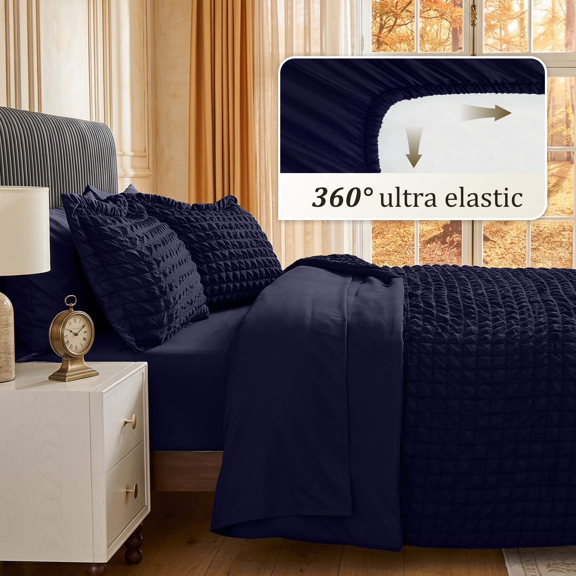 DHOLE Comforter Set 7 Pieces – Seersucker Textured Waffle Weave Bed in a Bag, All-Season Lightweight Microfiber Bedding Sets with Sheets & Pillow Shams