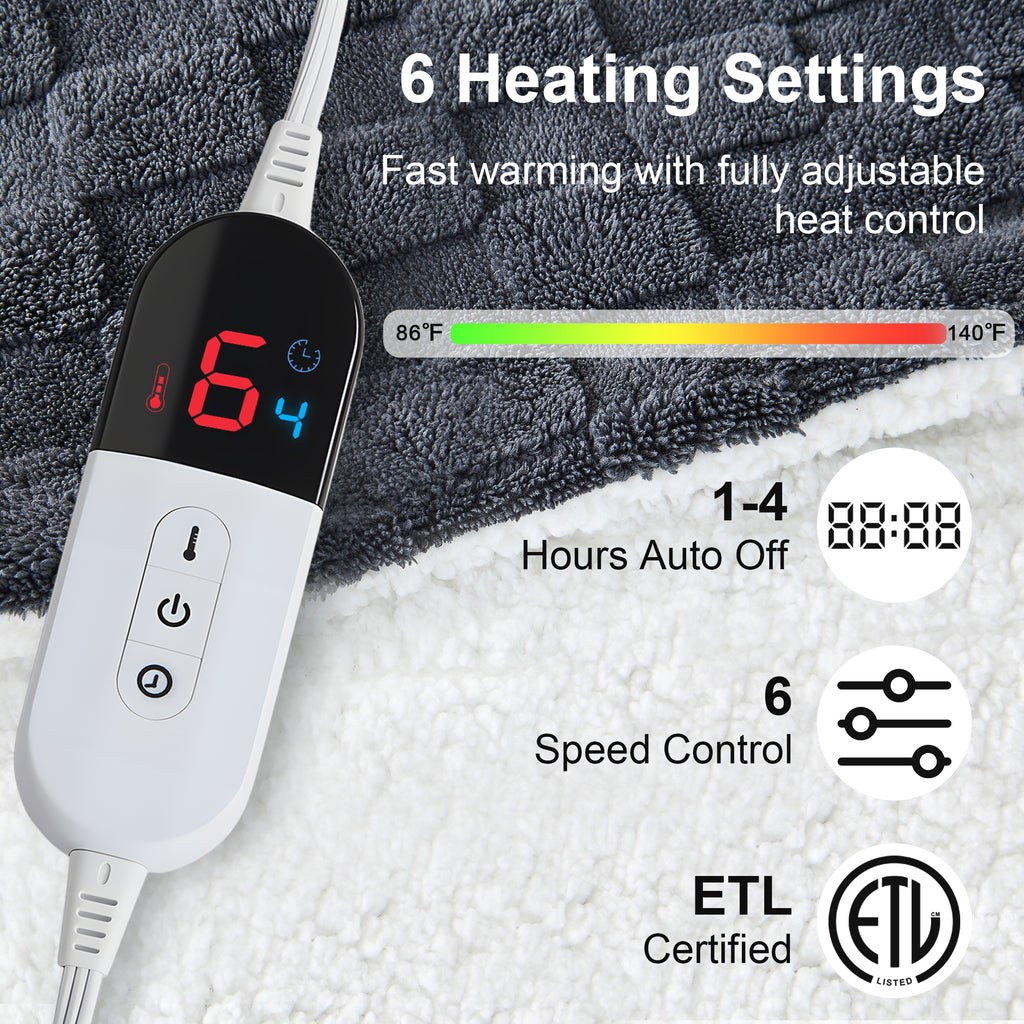 Dhole Electric Heated Blanket Checkered Fleece Throw 50x60 Inches Fast Heating Blanket 6 Heating Levels & 4 Hours Auto Off ETL Certification