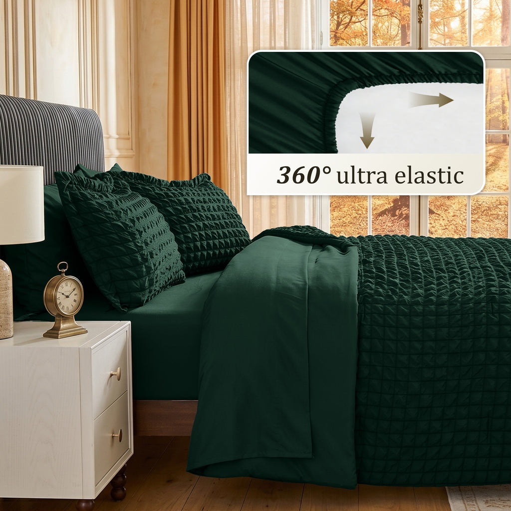 DHOLE Comforter Set 7 Pieces – Seersucker Textured Waffle Weave Bed in a Bag, All-Season Lightweight Microfiber Bedding Sets with Sheets & Pillow Shams
