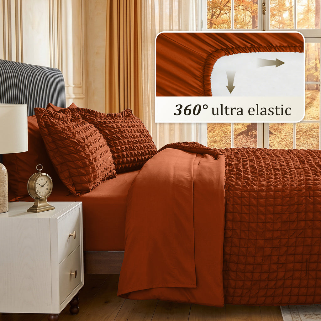 DHOLE Comforter Set 7 Pieces – Seersucker Textured Waffle Weave Bed in a Bag, All-Season Lightweight Microfiber Bedding Sets with Sheets & Pillow Shams
