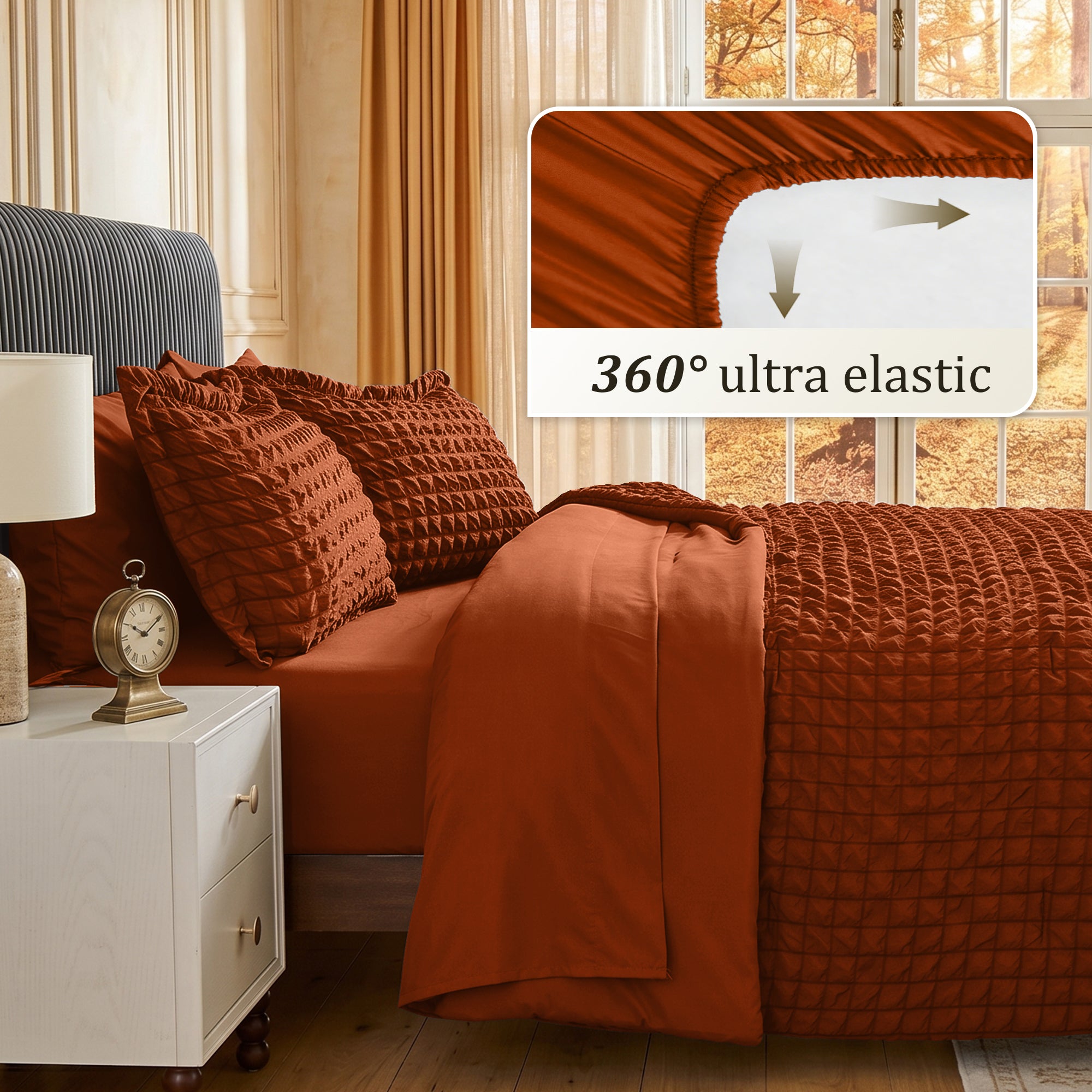 DHOLE Comforter Set 7 Pieces – Seersucker Textured Waffle Weave Bed in a Bag, All-Season Lightweight Microfiber Bedding Sets with Sheets & Pillow Shams