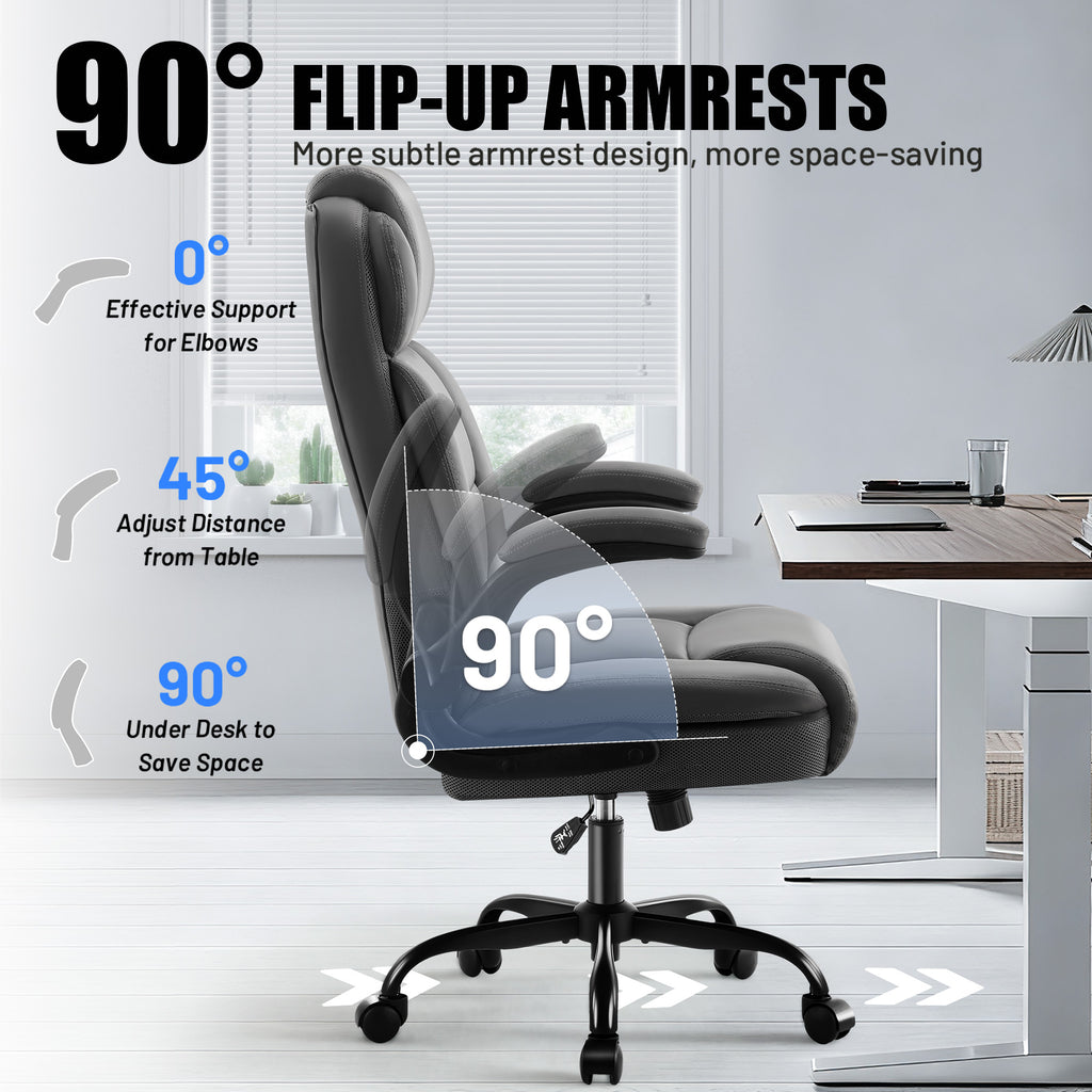 Dhole Ergonomic High-Back PU Leather Office Chair with 120° Recline & Flip-Up Arms - Home Office Desk Chair for Work, Study, Gaming, 300LBS Capacity (Black)
