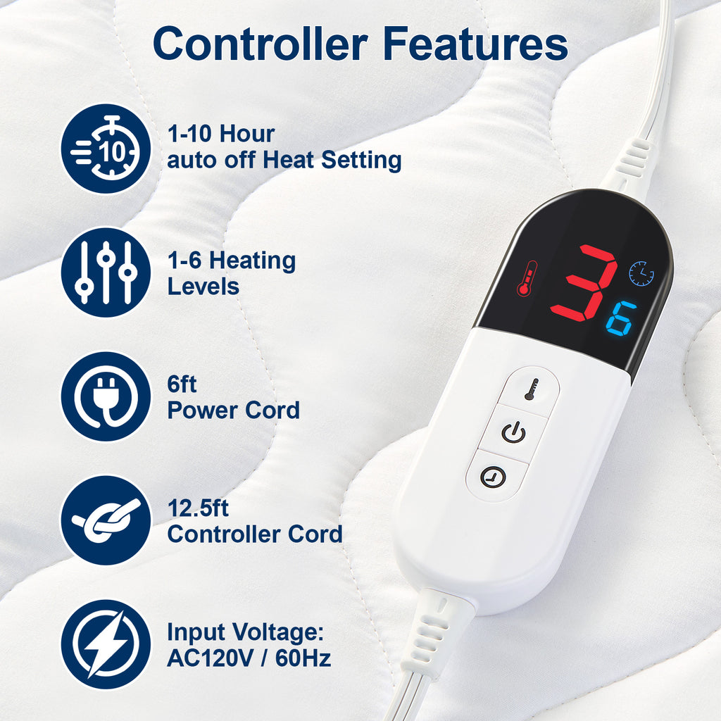 Dhole Electric Heated Mattress Pad Queen - 60"x80" ,Deep Pocket, 6 Heat Settings, Auto Shut Off 10 Hrs with Dual Controller, ETL Certified, Machine Washable, White