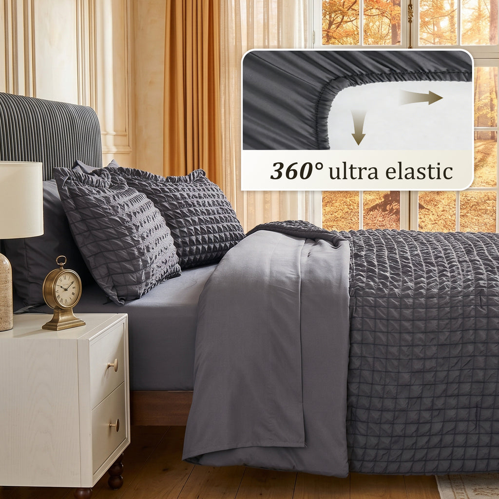 DHOLE Comforter Set 7 Pieces – Seersucker Textured Waffle Weave Bed in a Bag, All-Season Lightweight Microfiber Bedding Sets with Sheets & Pillow Shams