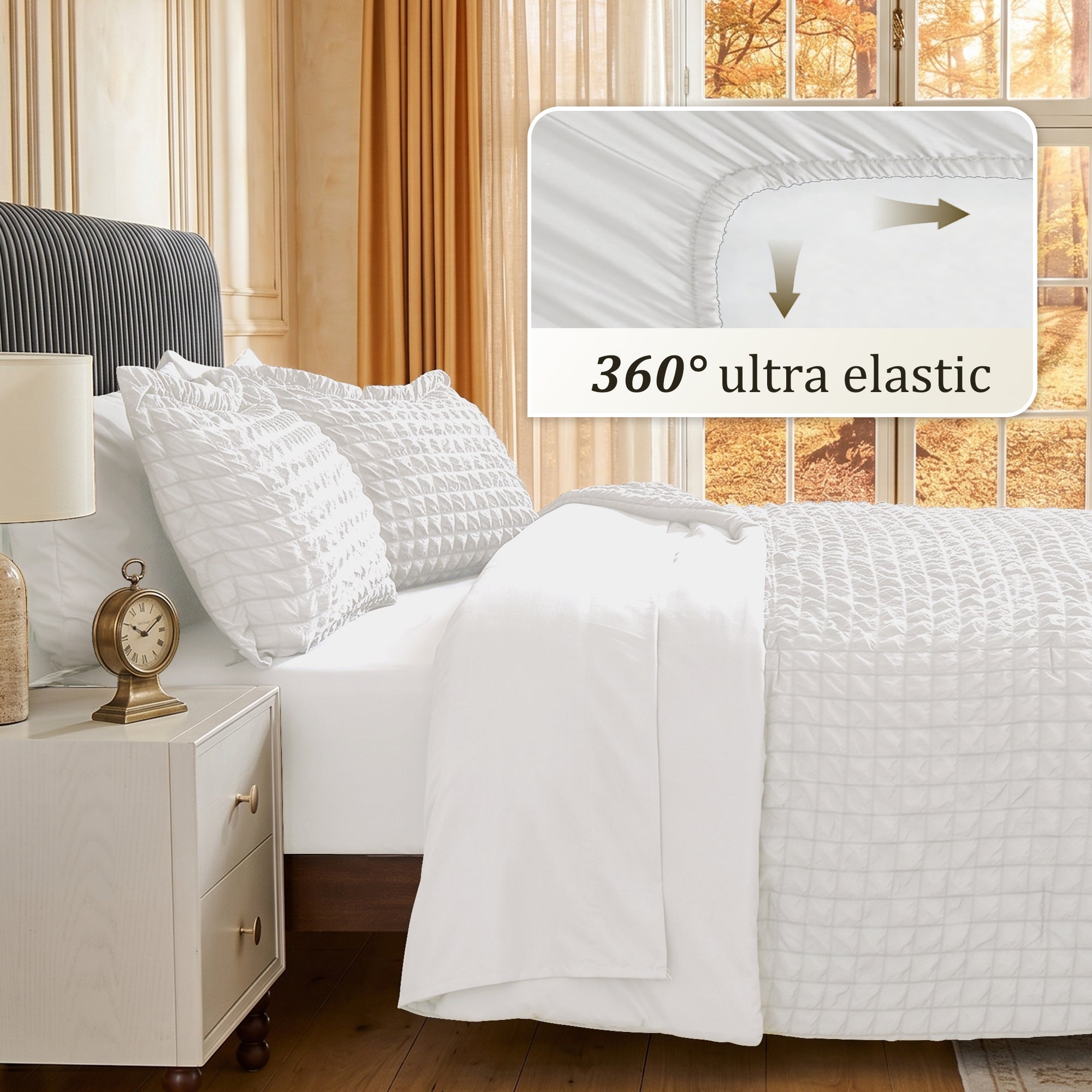 DHOLE Comforter Set 7 Pieces – Seersucker Textured Waffle Weave Bed in a Bag, All-Season Lightweight Microfiber Bedding Sets with Sheets & Pillow Shams