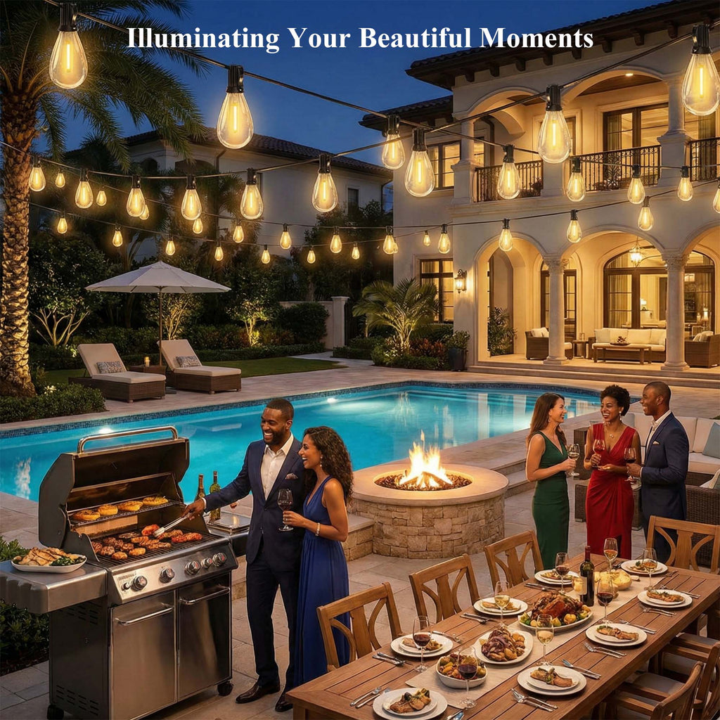 Mylorn 110FT LED Outdoor String Lights, 50+2 S14 Shatterproof Bulbs, 2FT Spacing, 2700K Dimmable Warm White, IP65 Waterproof, Connectable Patio Garden Porch Deck Decor
