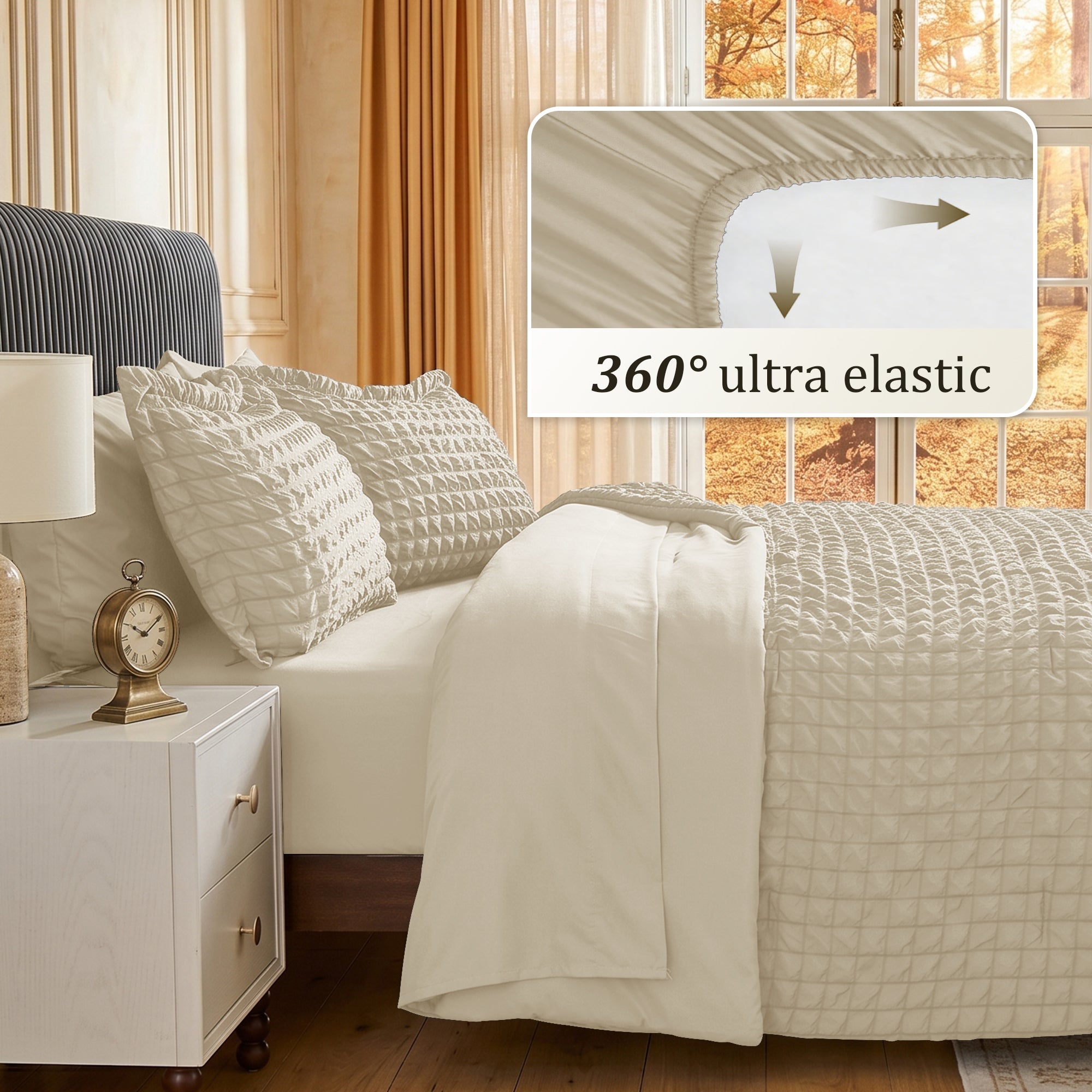 DHOLE Comforter Set 7 Pieces – Seersucker Textured Waffle Weave Bed in a Bag, All-Season Lightweight Microfiber Bedding Sets with Sheets & Pillow Shams